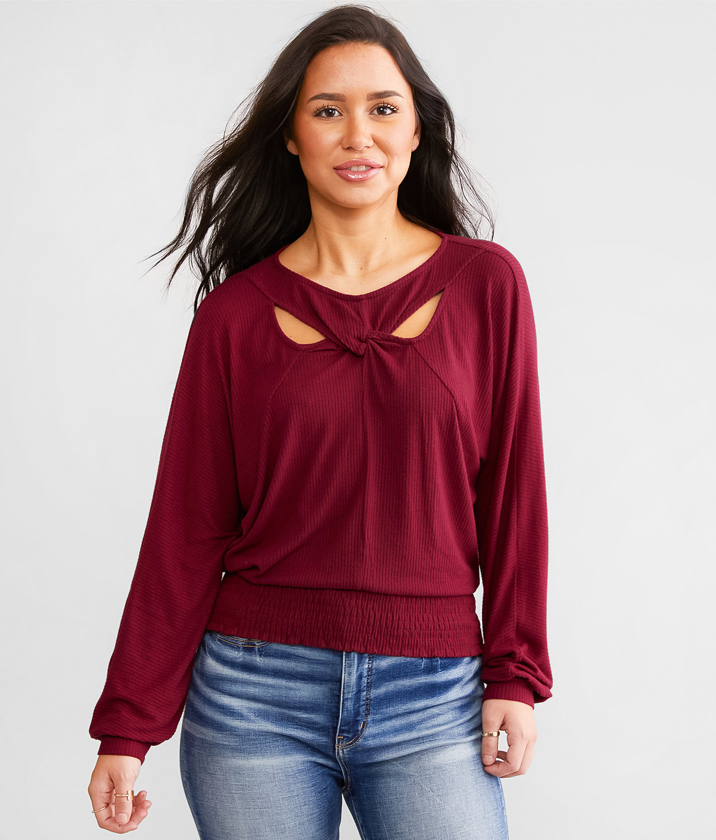Daytrip Twisted Cut-Out Dolman Top - Women's Shirts & Blouses in Burgundy