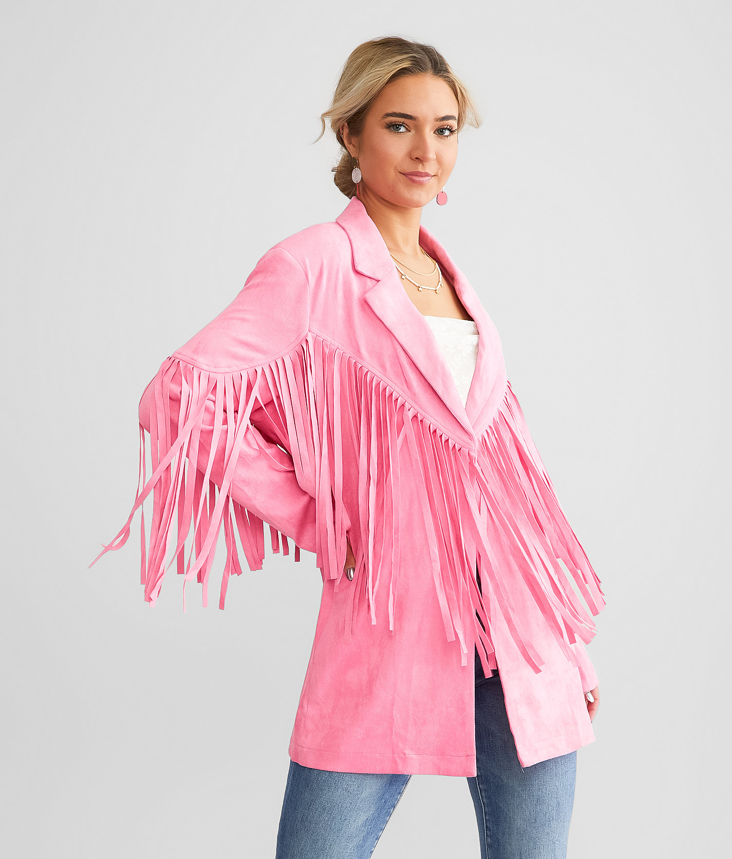 Blue B Faux Suede Fringe Blazer - Women's Coats & Jackets in Pink