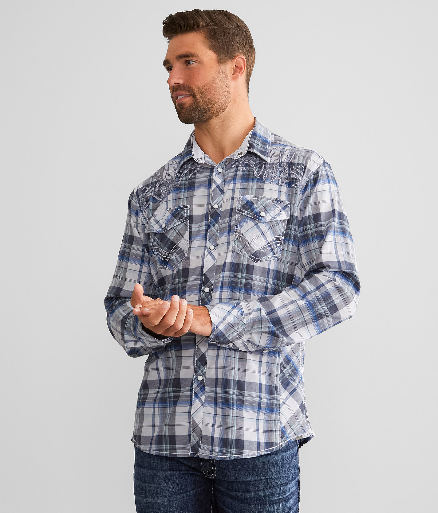 Buckle Black Plaid Athletic Stretch Shirt - Men's Shirts in White Blue