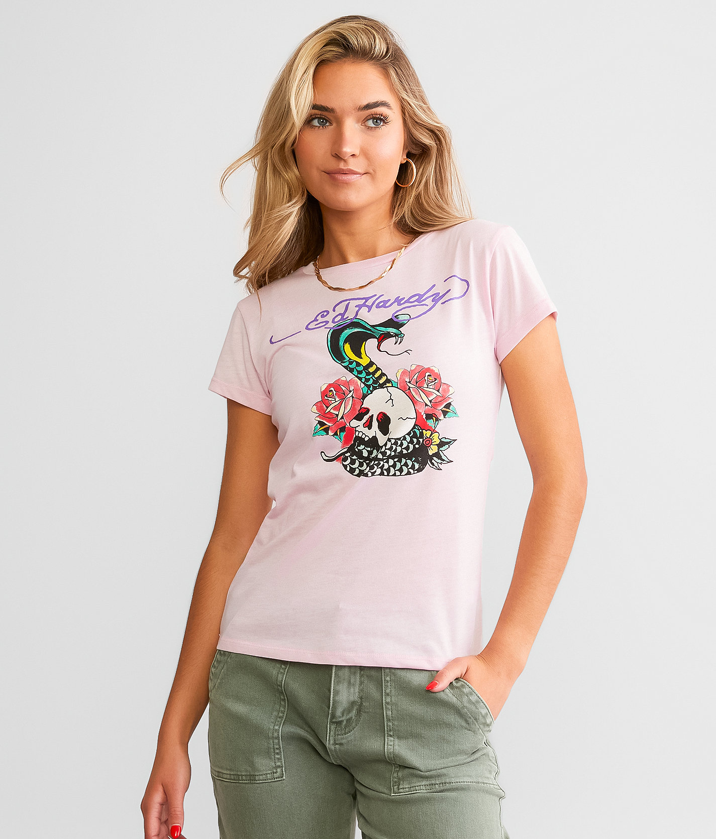 Ed Hardy Rose Cobra T-Shirt - Women's T-Shirts in Pink