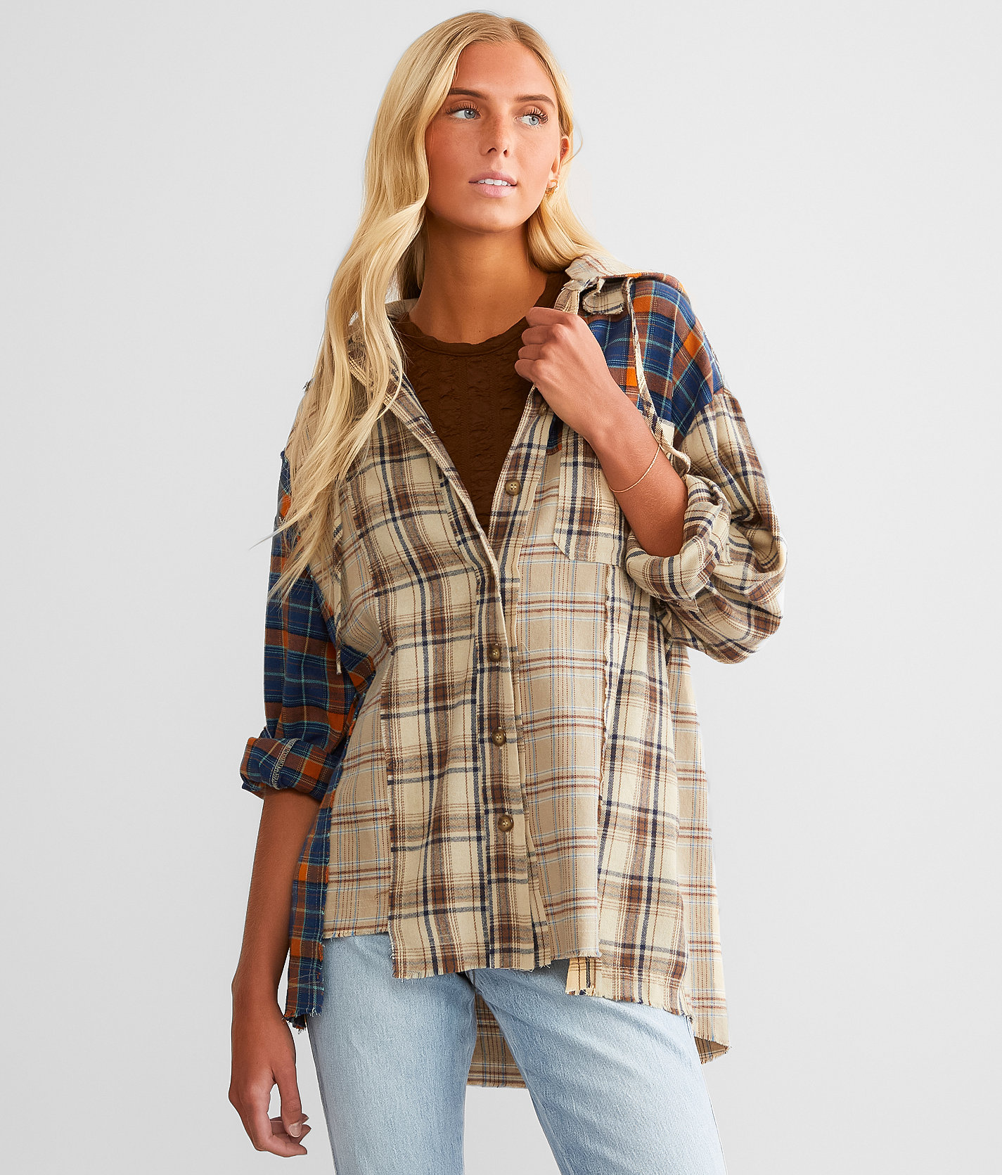 Miss Me Mixed Plaid Hooded Shirt - Women's Shirts & Blouses in Taupe Beige