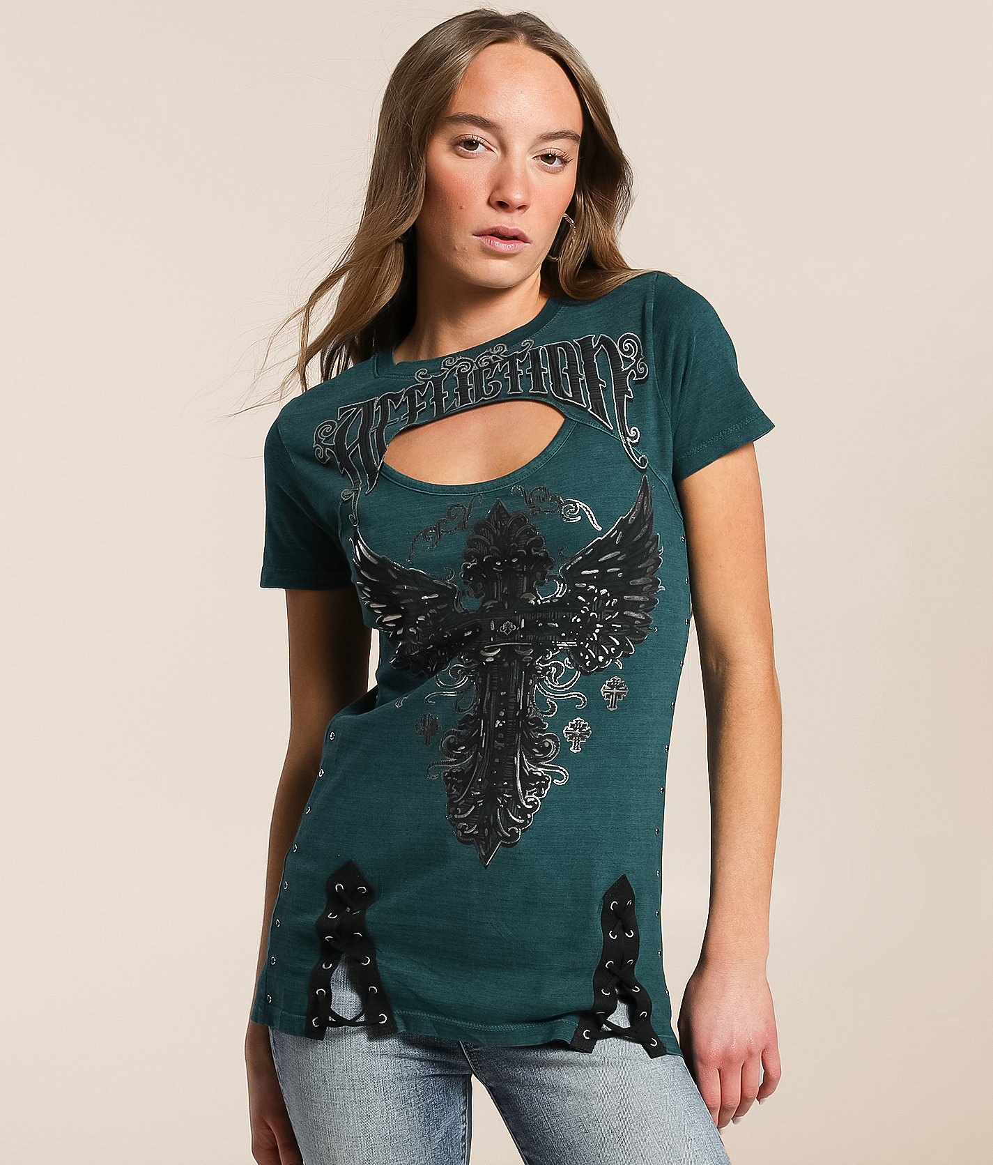 Affliction Prophecy Lace-Up T-Shirt - Women's T-Shirts in Rain Forest Lava Wash
