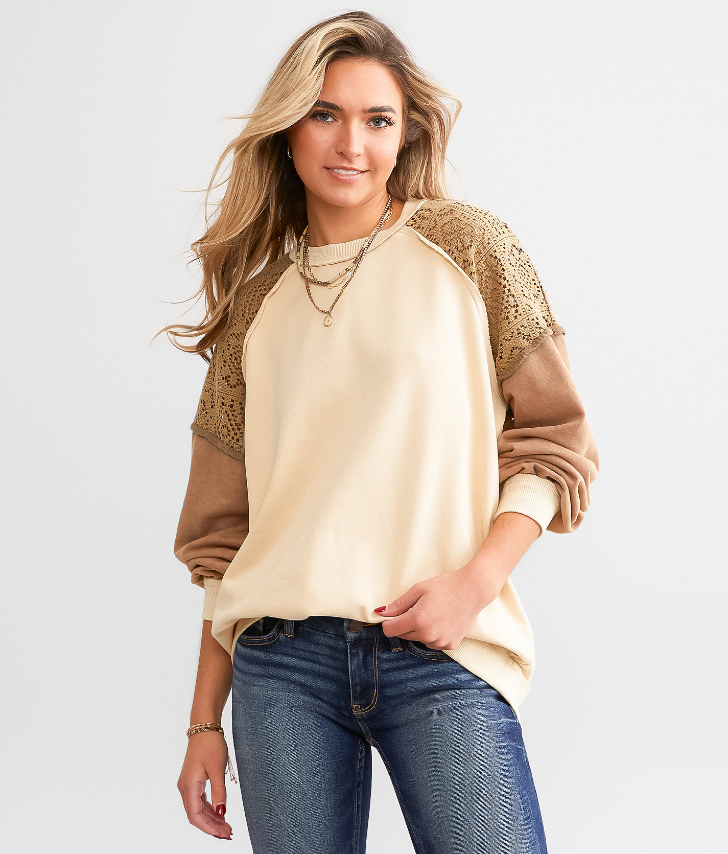 BKE Pieced Crochet Pullover - Women's Sweatshirts in Beige