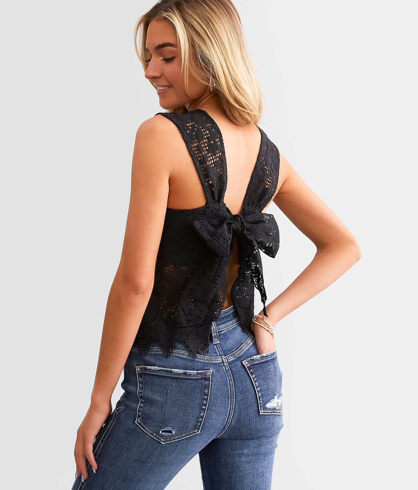 Daytrip Open Back Tie Lace Tank Top - Women's Tank Tops in Black