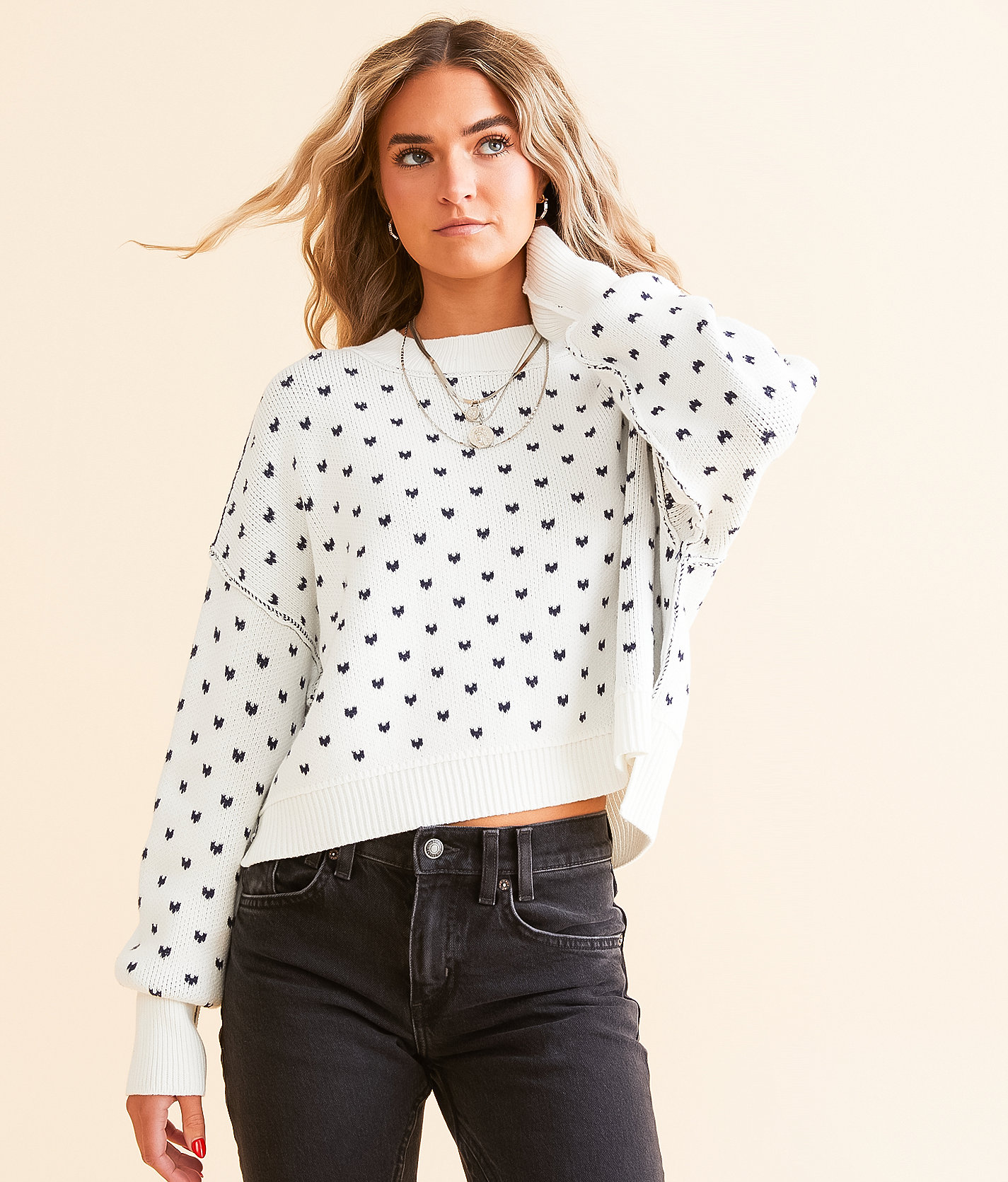 Free People Pattern Easy Street Cropped Sweater - Women's Sweaters in White Navy Combo