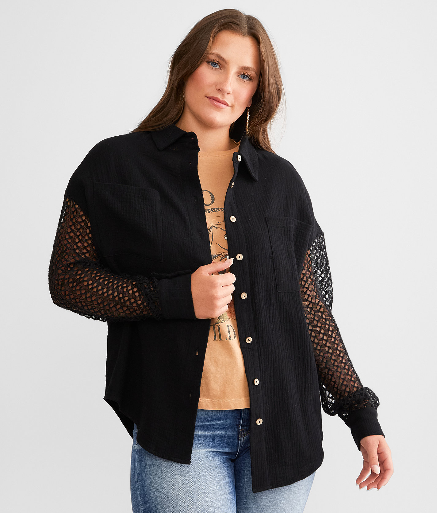 Rain + Rose Crinkle Crochet Shirt - Women's Shirts & Blouses in Black