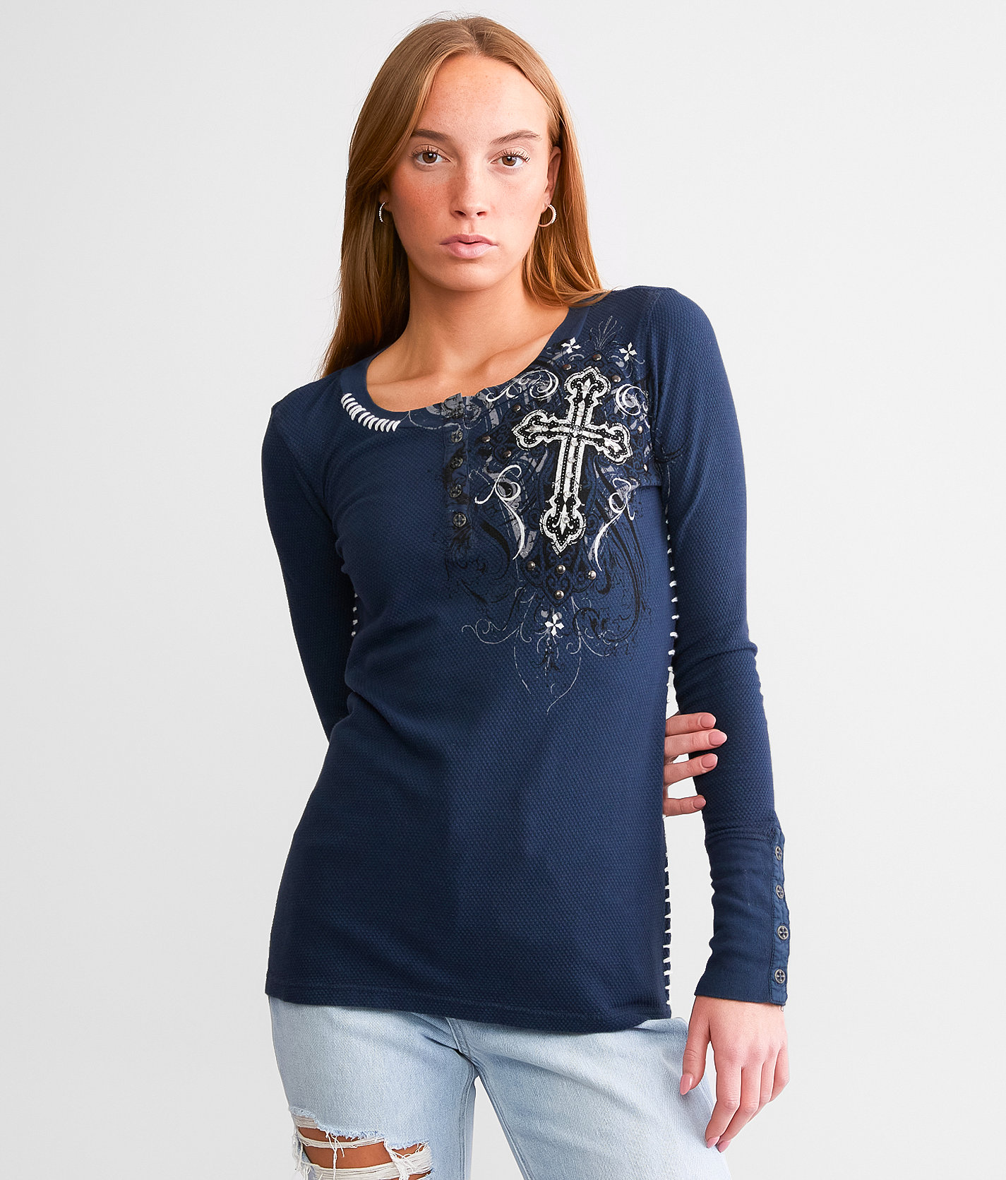 Affliction Reverie Henley Thermal - Women's T-Shirts in Mood Indigo Lava Wash