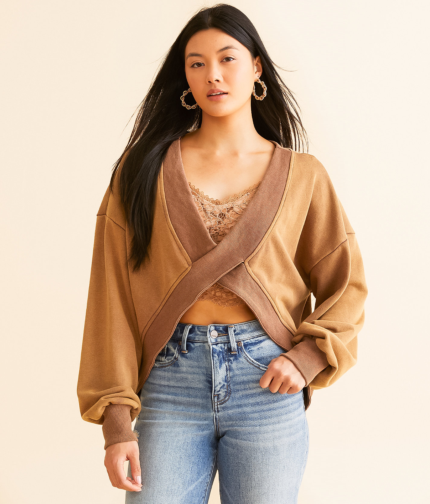 POL Criss Cross Pullover - Women's Sweatshirts in Chocolate Mousse