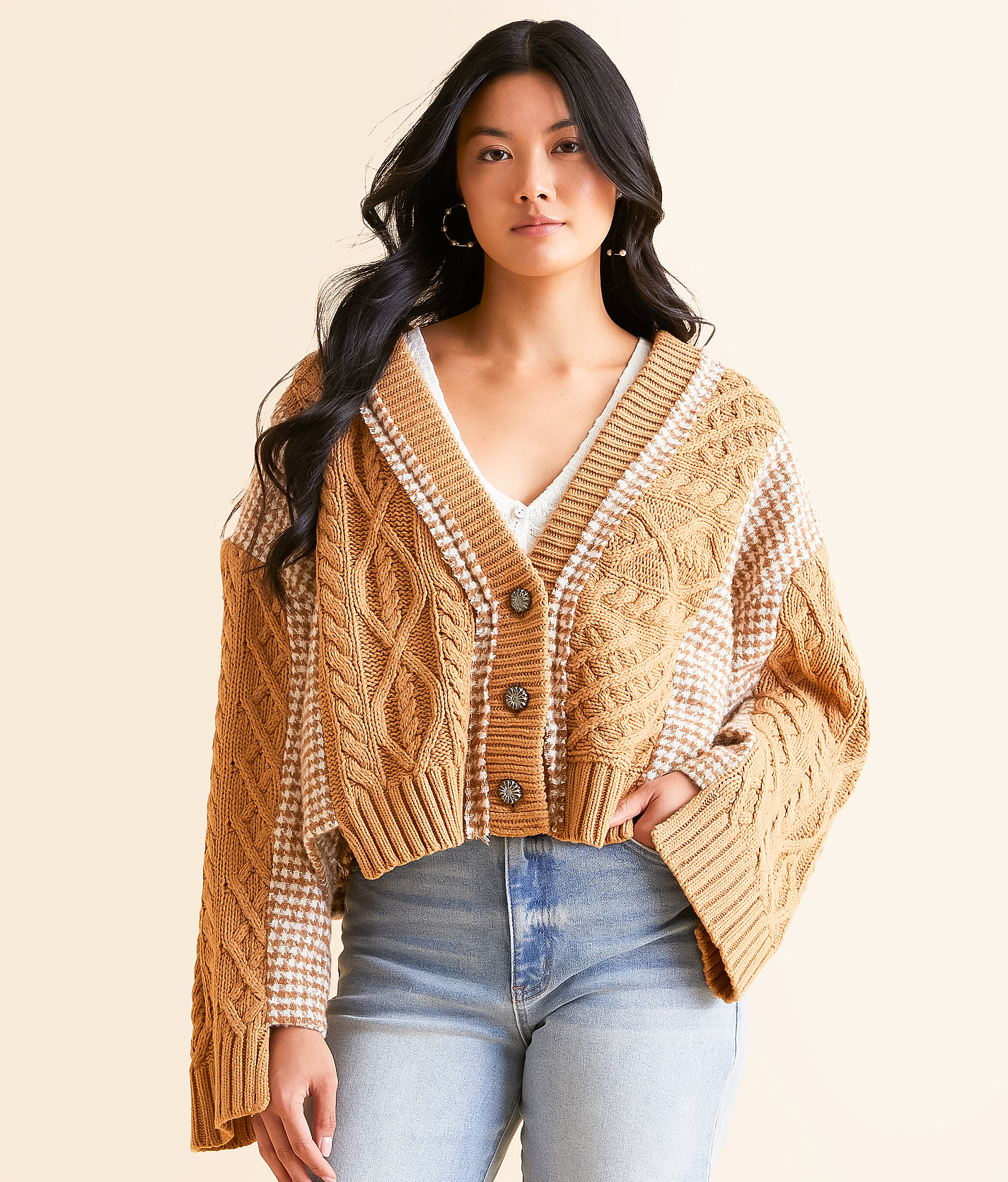 POL Pieced Houndstooth Cardigan Sweater - Women's Sweaters in Mocha Multi