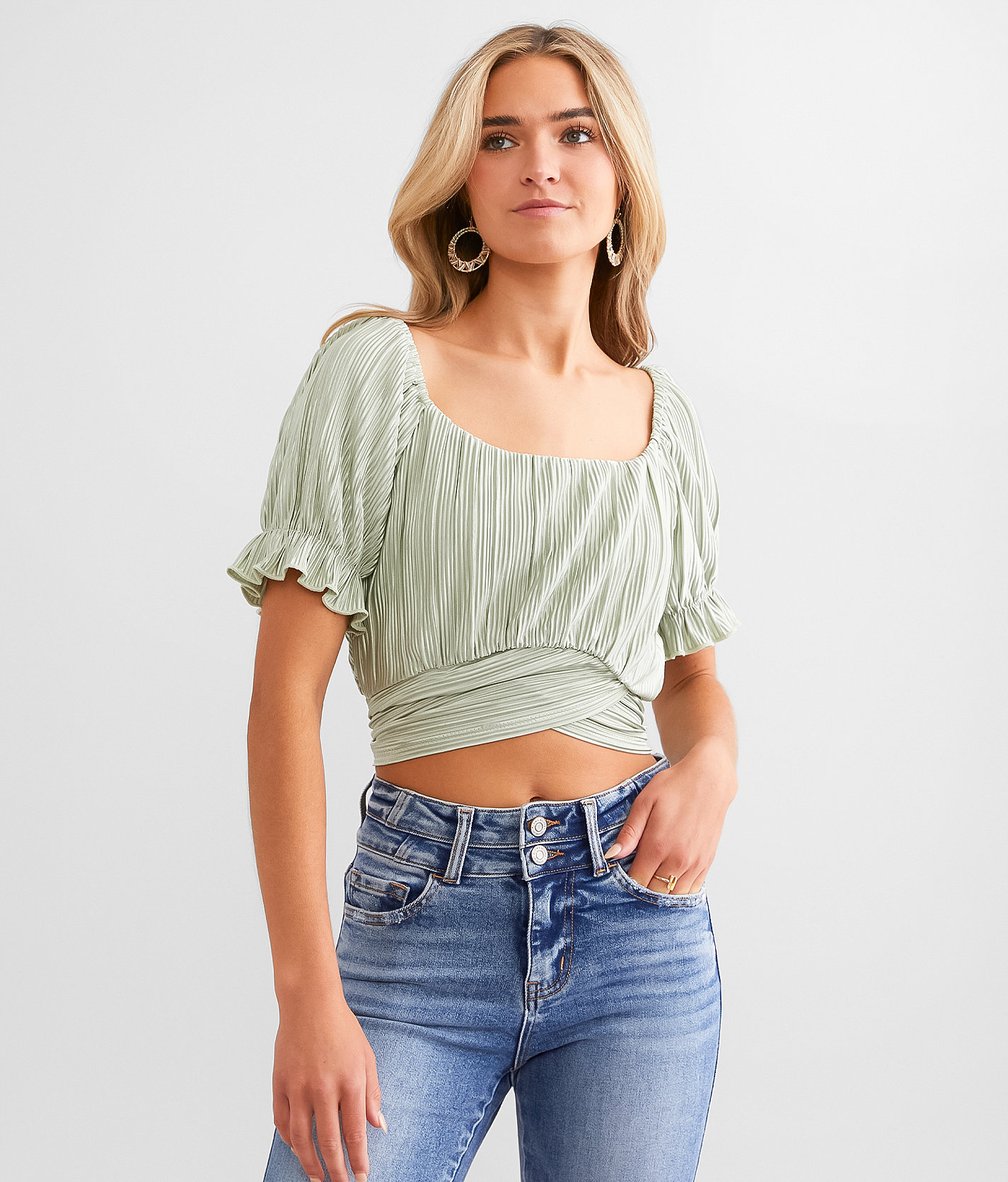 Willow & Root Pleated Wrap Top - Women's Shirts & Blouses in Dusty Sage