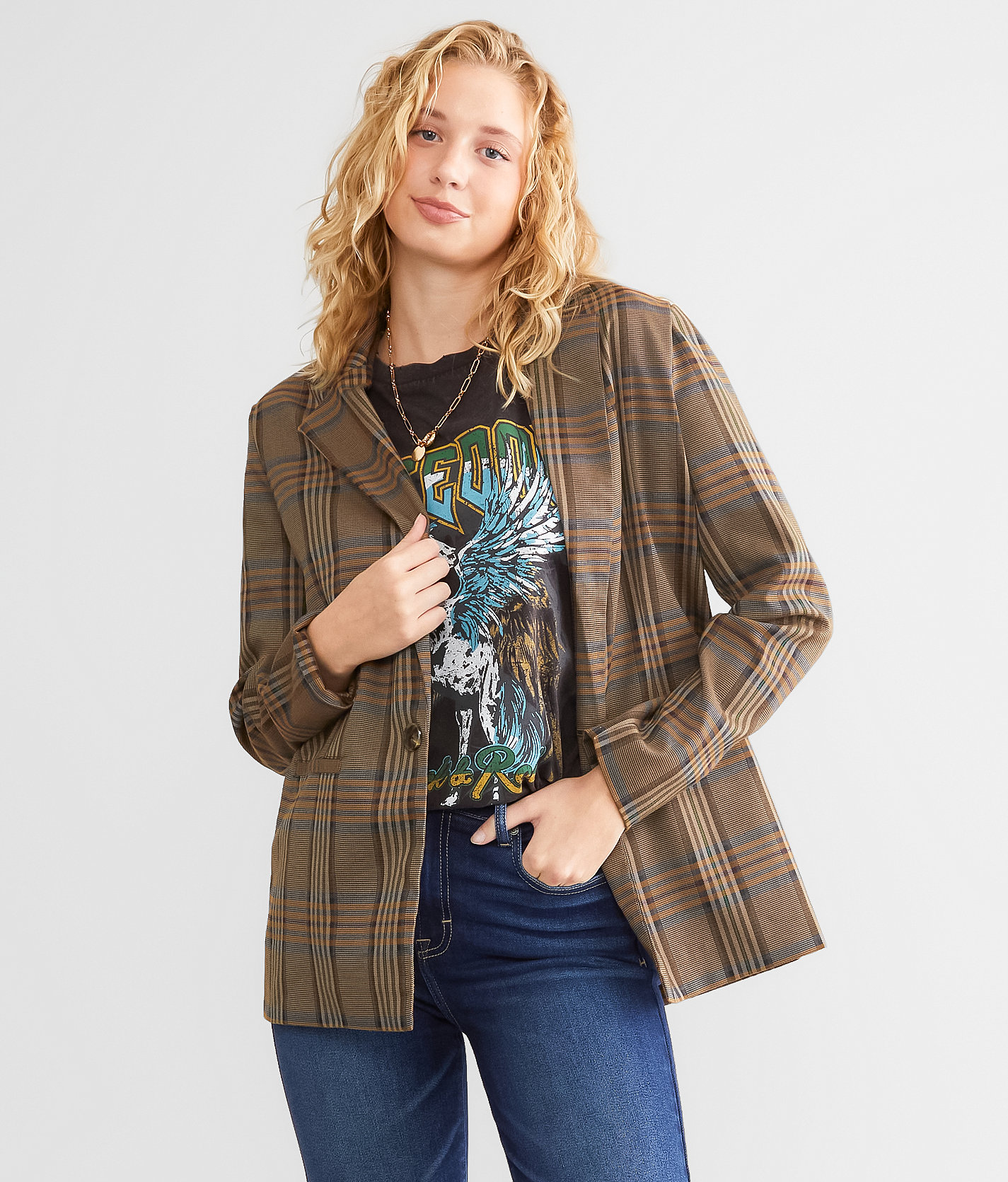 Willow & Root Plaid Blazer - Women's Coats & Jackets in Tan Multi