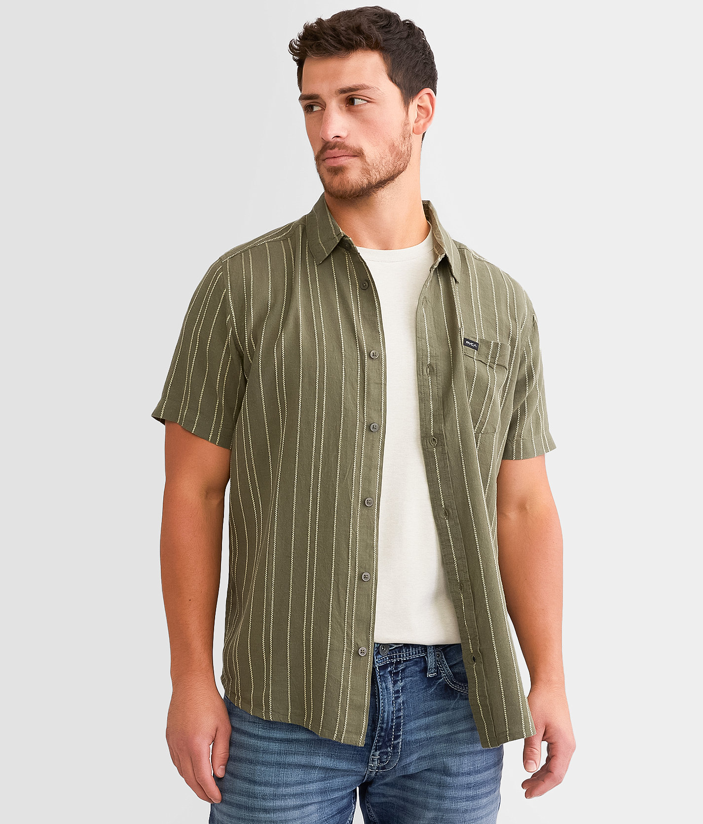 RVCA Mercy Striped Shirt - Men's Shirts in Olivine