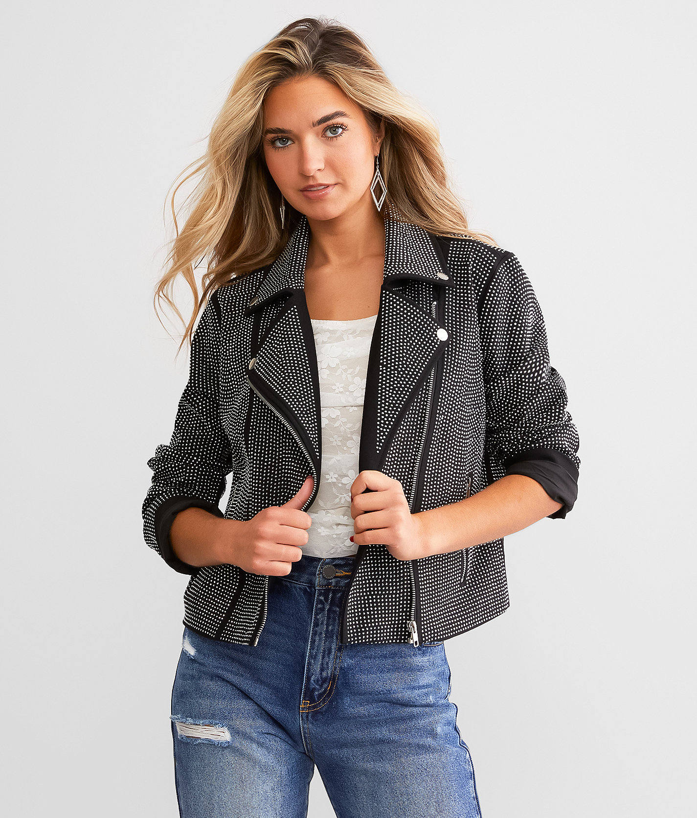 Blue B Rhinestone Studded Moto Jacket - Women's Coats & Jackets in Black