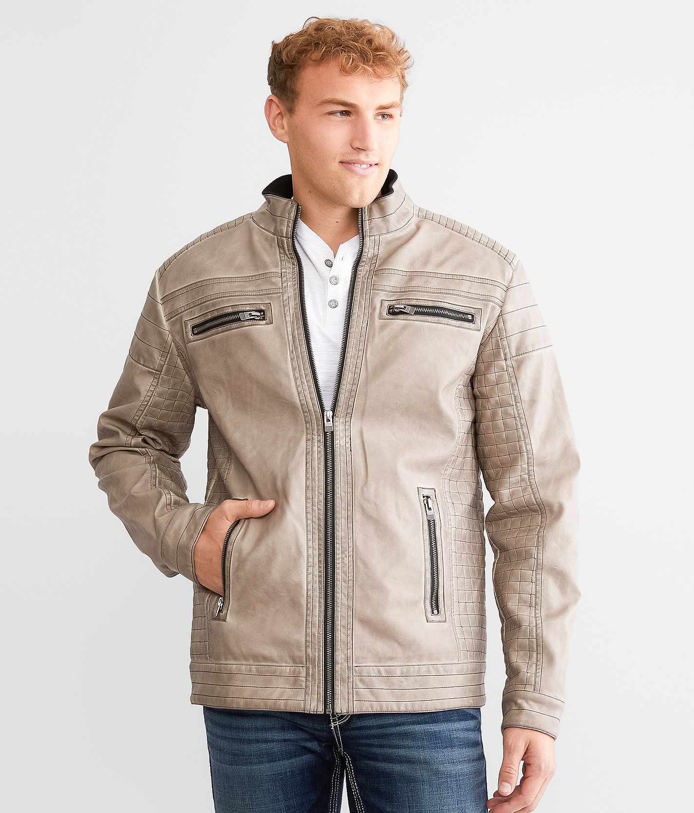 Buckle Black Washed Faux Leather Jacket - Men's Coats & Jackets in Light Khaki