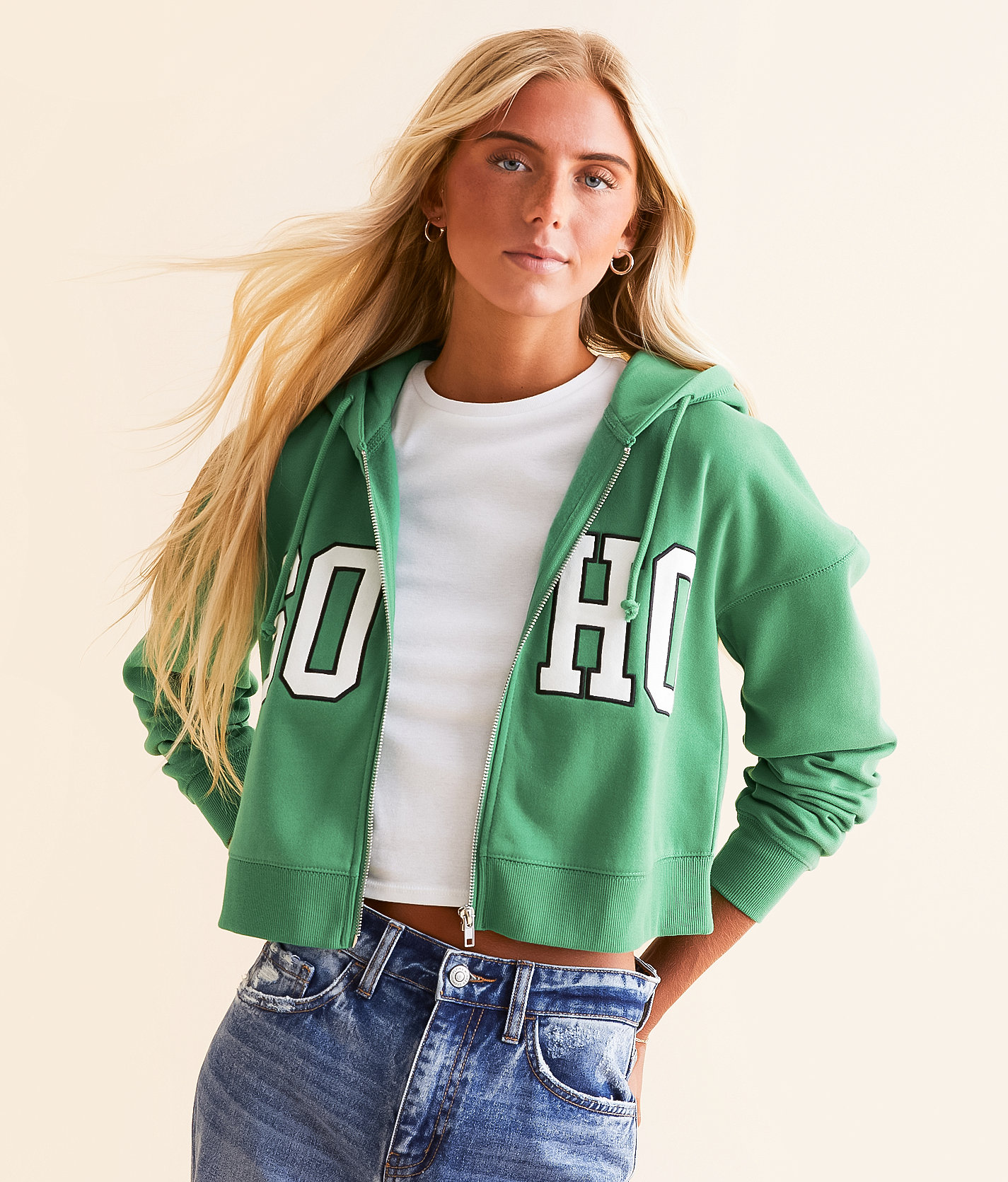 FITZ + EDDI SOHO Zip Front Cropped Hoodie - Women's Sweatshirts in Leprechaun