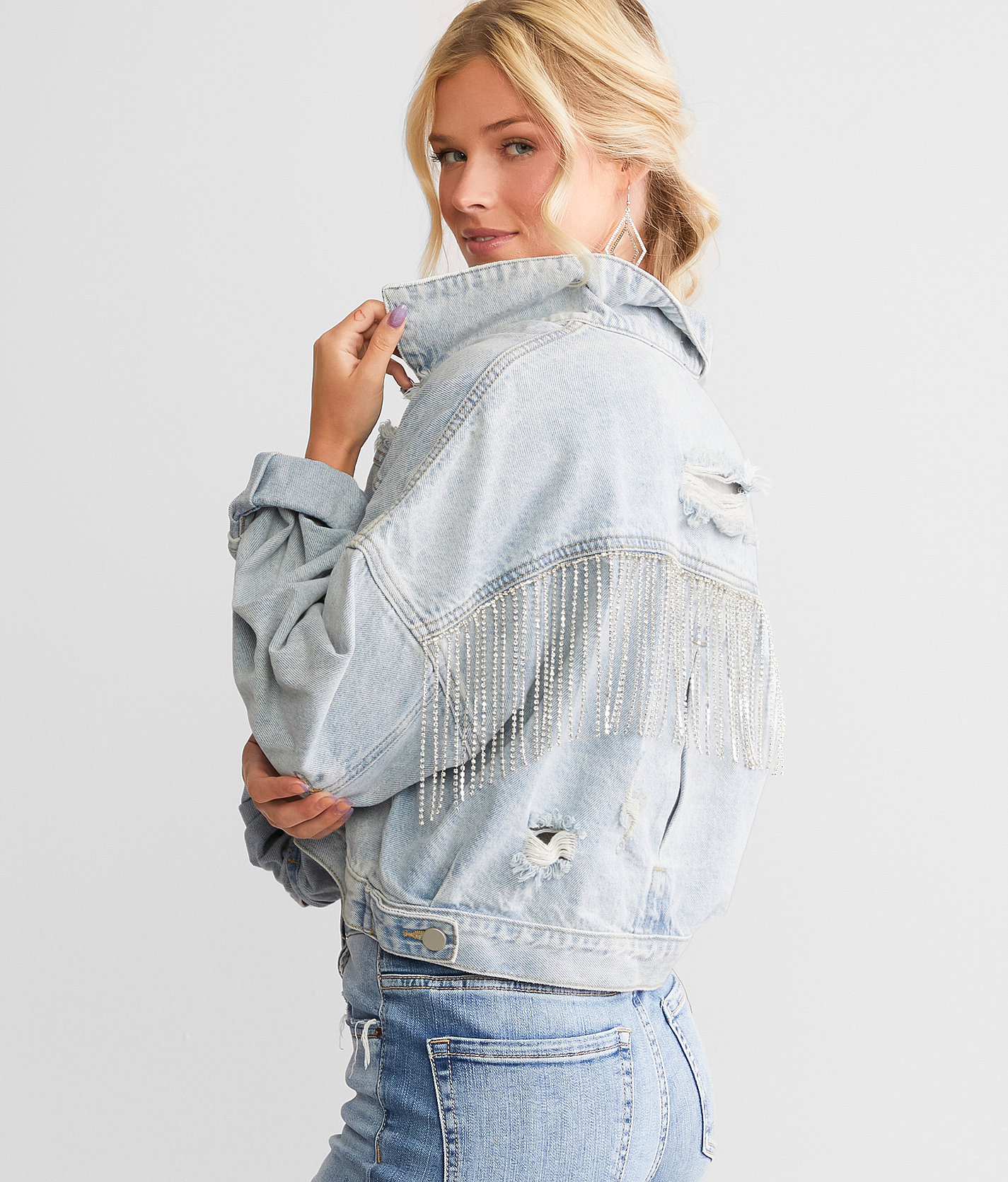 Blue B Rhinestone Fringe Denim Jacket - Women's Coats & Jackets in Light Blue