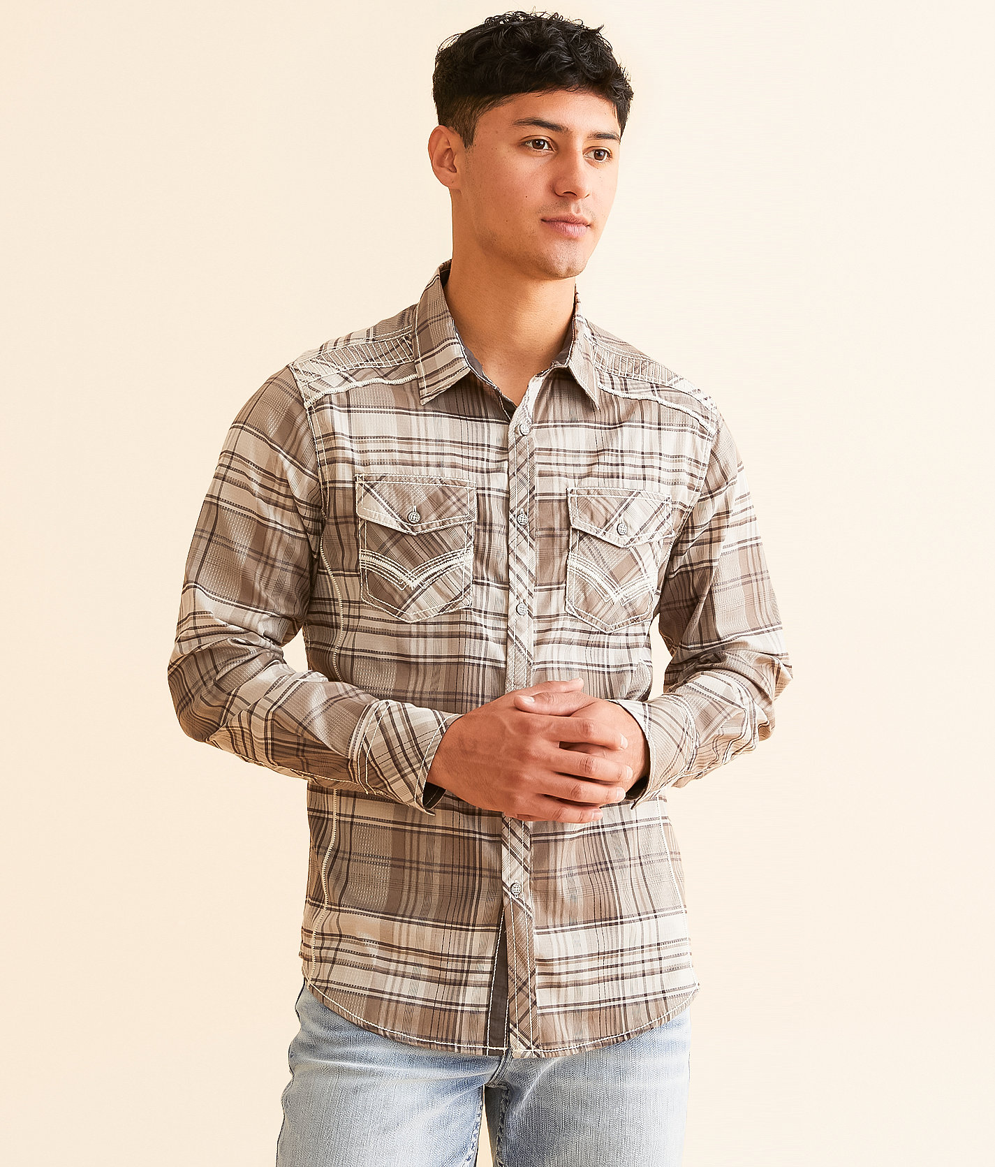 Buckle Black Plaid Standard Stretch Shirt - Men's Shirts in Brown Tan