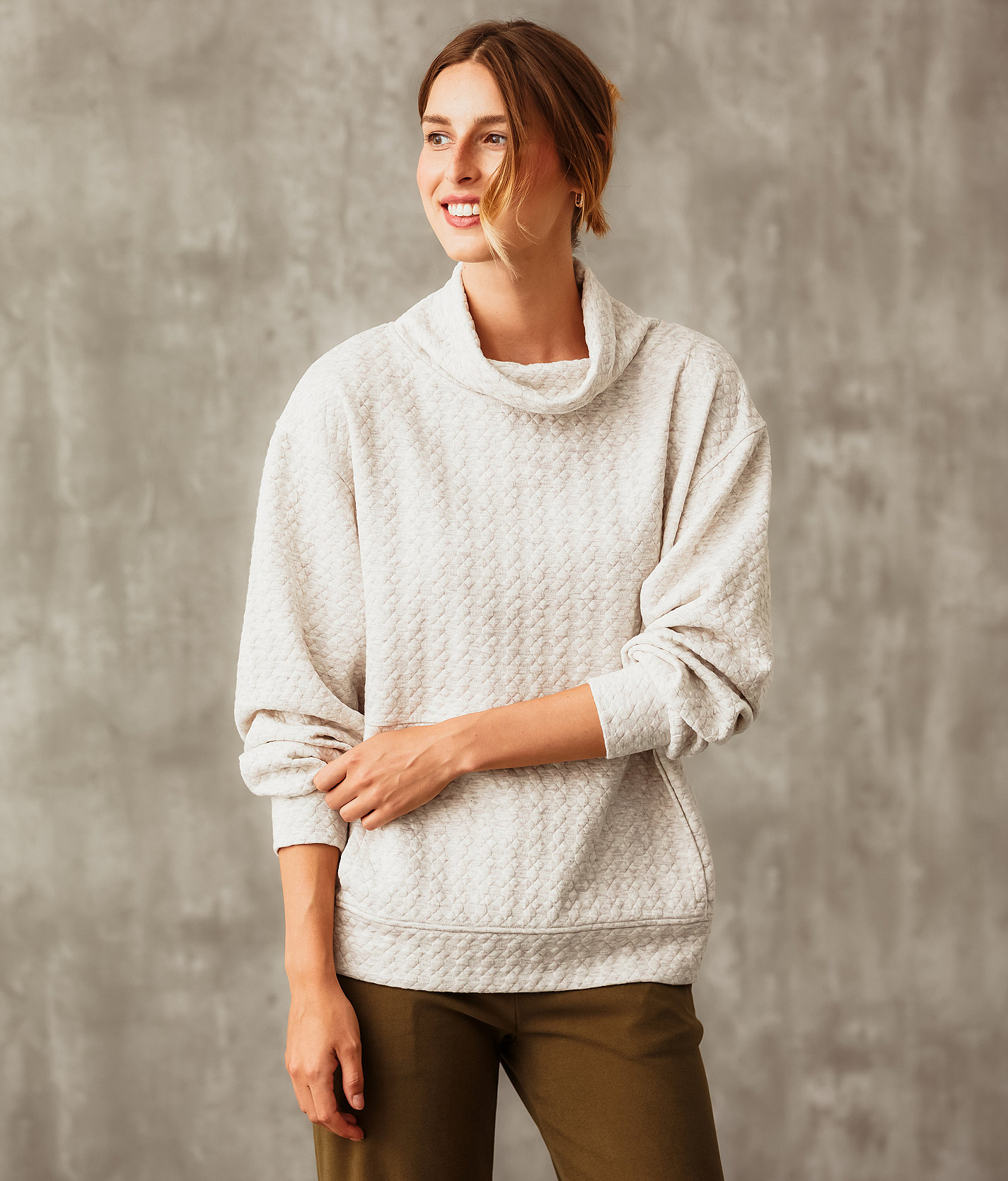Buckle Black Funnel Neck Textured Pullover - Women's Sweatshirts in White Grey