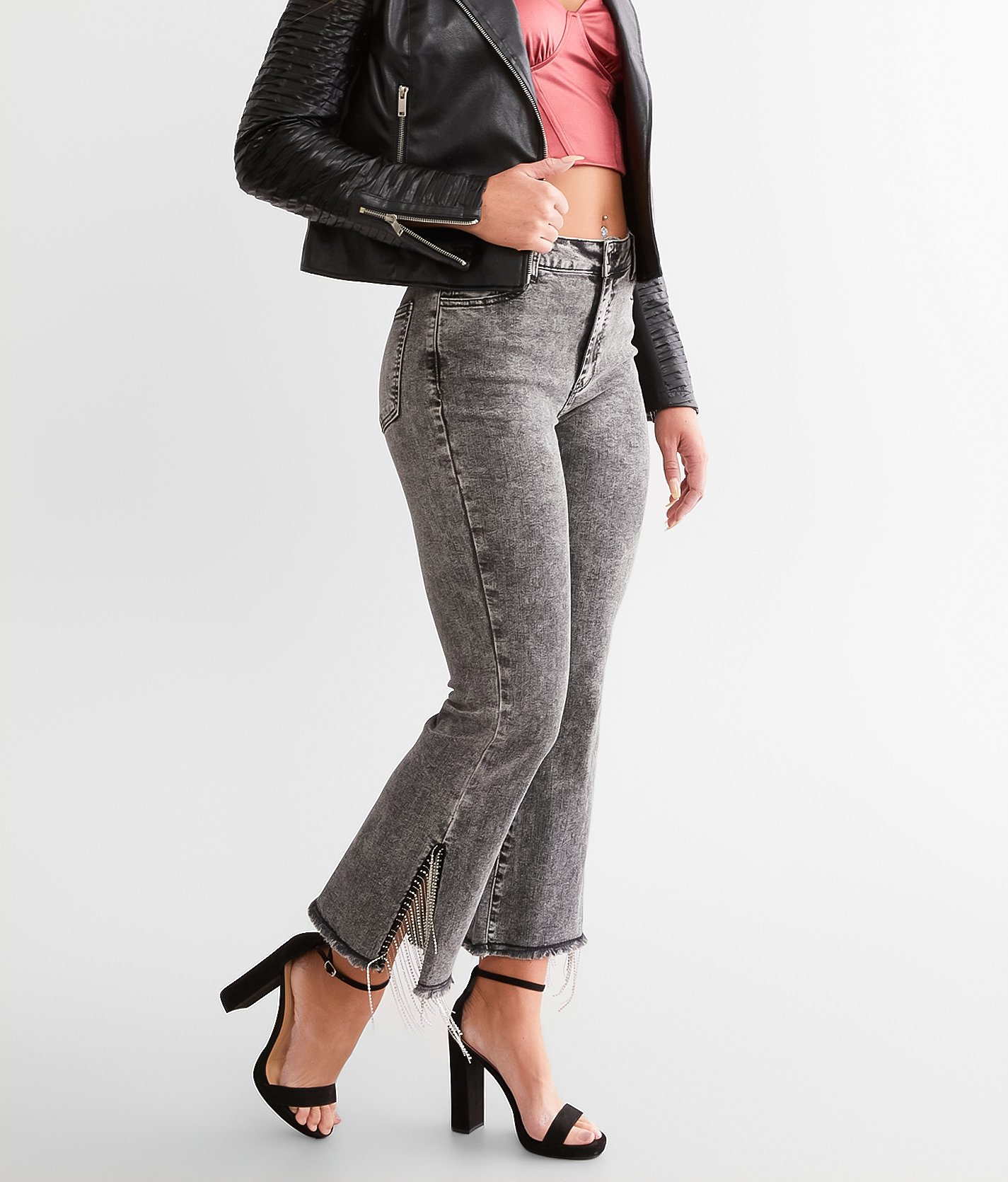 Blue B Rhinestone High Rise Cropped Flare Jean - Women's Jeans in Charcoal