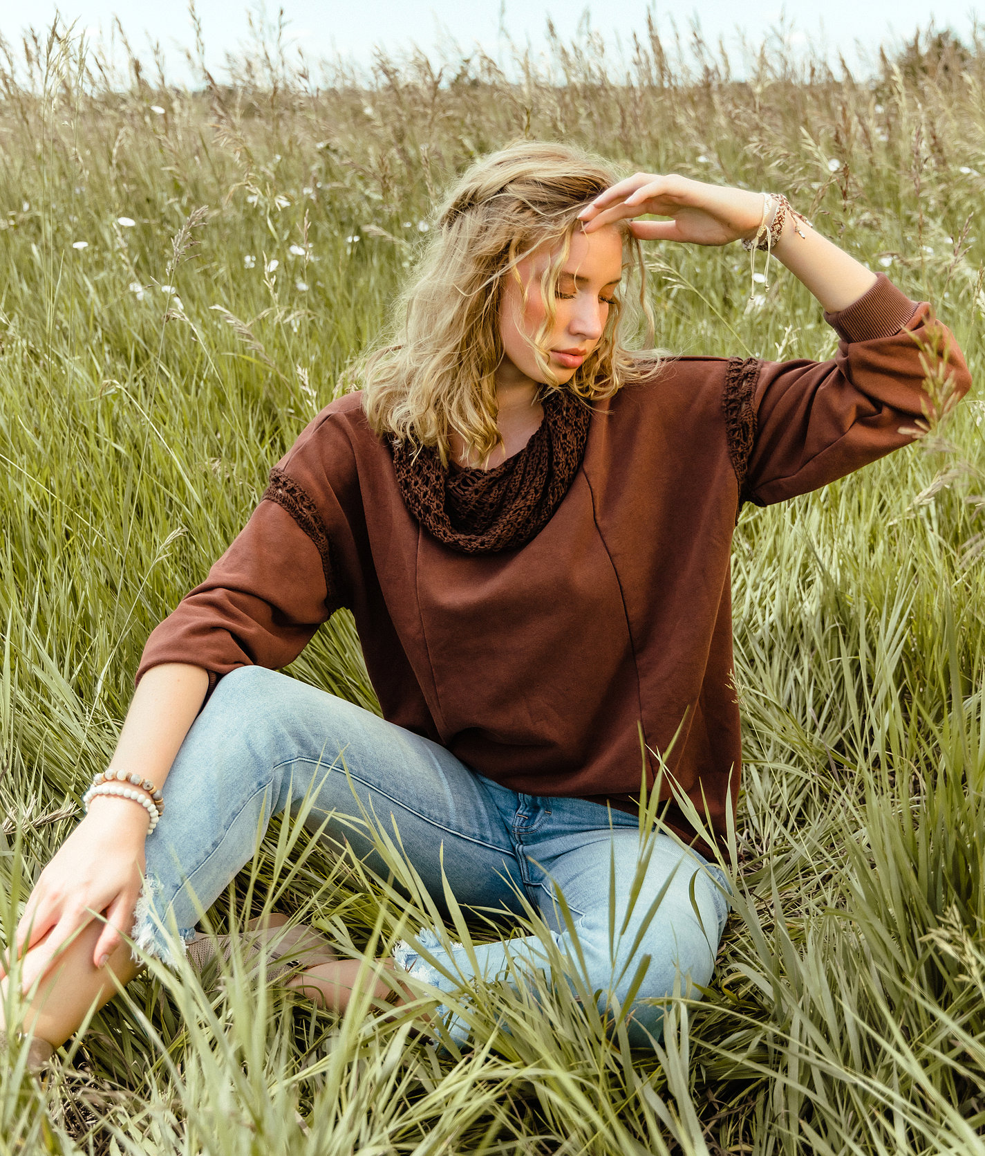 Gimmicks Crochet Cowl Neck Pullover - Women's Sweatshirts in Brown Stone