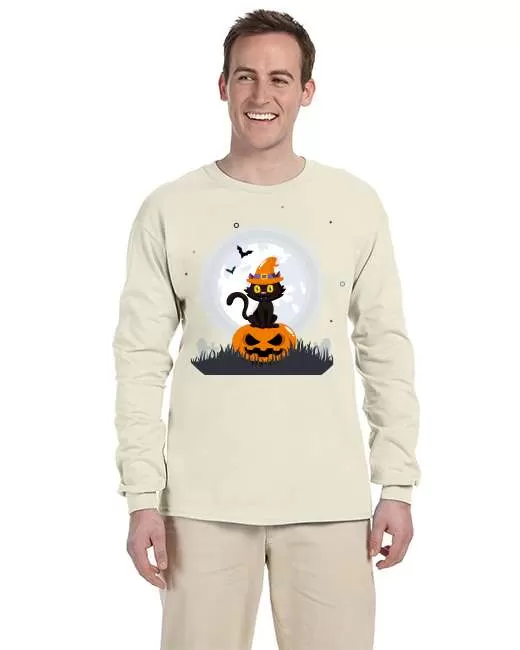 USTRADEENT Halloween Long Sleeves Spooky Cat Pumpkin Graphic Shirts UG240HLOW3