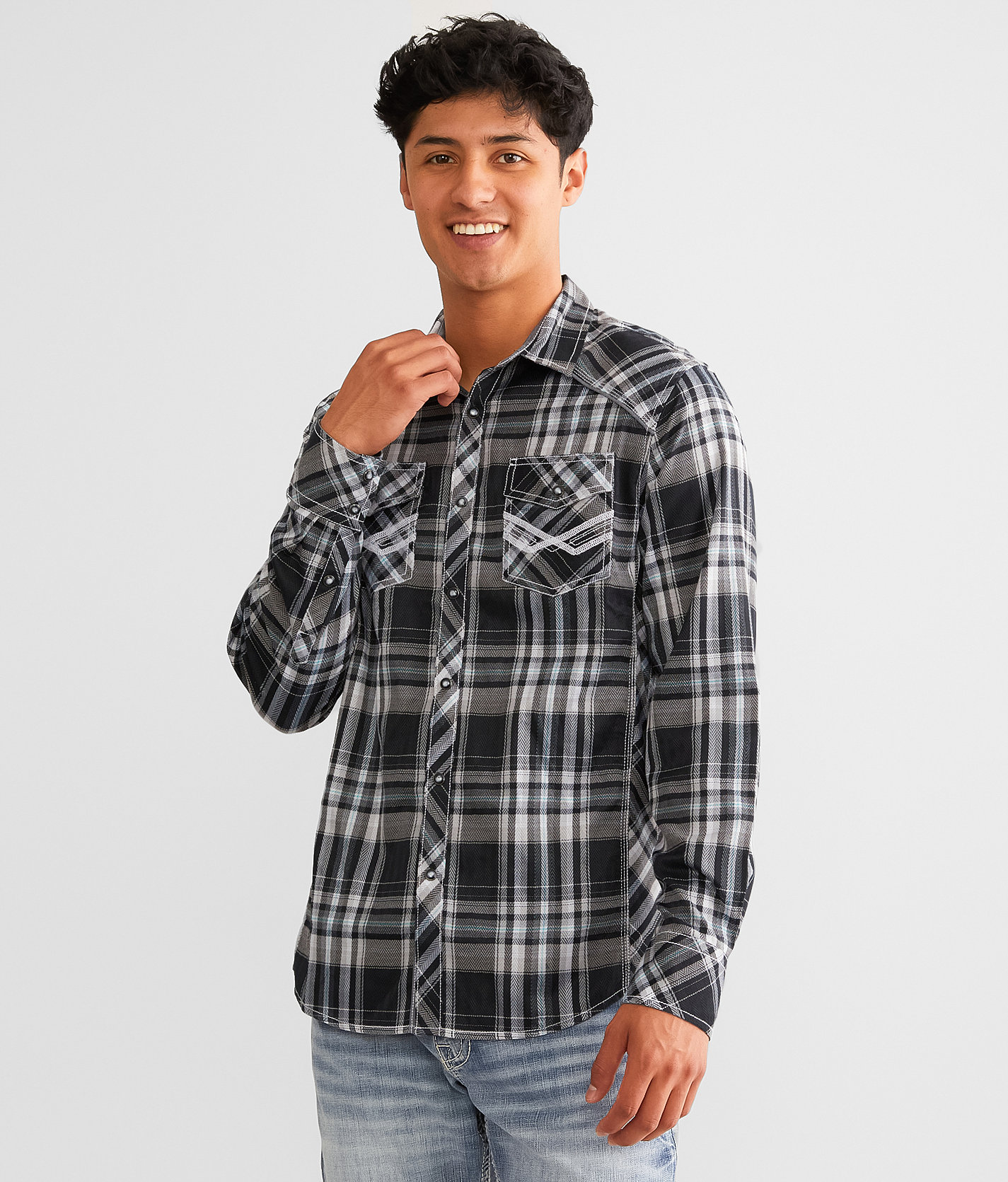 BKE Plaid Standard Stretch Shirt - Men's Shirts in White Black Teal