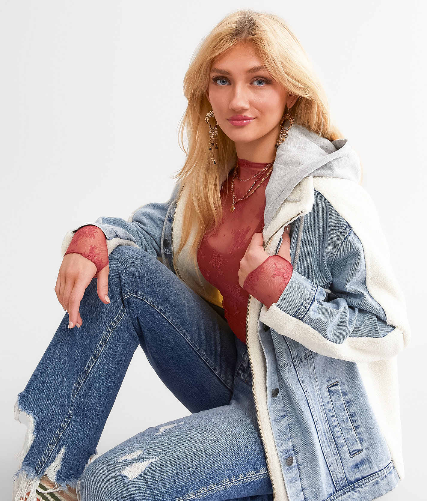 BKE Pieced Sherpa Denim Hooded Jacket - Women's Coats & Jackets in Denim Cream