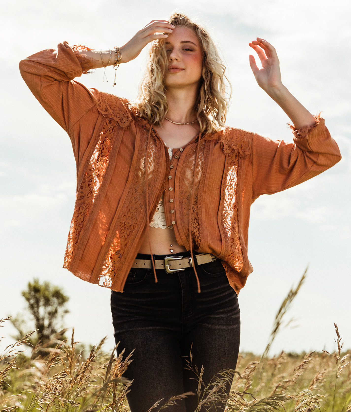 Gimmicks Pieced Lace Front Tie Blouse - Women's Shirts & Blouses in Pecan Brown