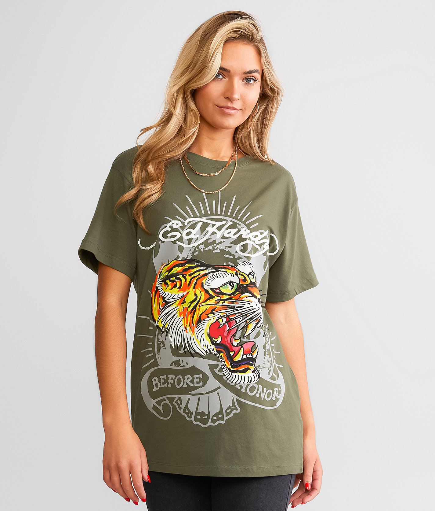Ed Hardy Screaming Tiger Throwback T-Shirt - Women's T-Shirts in Olive