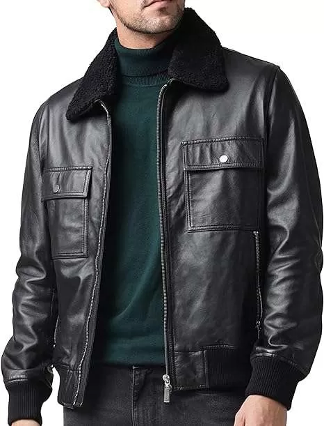 Men's Real Leather Flight Bomber Jacket Air Force Aviator with Sherpa Collar - 100% Lambskin Leather