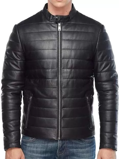 USTRADEENT Men's Puffer 100% Lambskin Leather Lightweight Classic Style Jacket