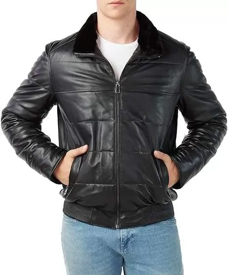 USTRADEENT Men's 100% Lambskin Leather Lightweight Fur Collar Style Puffer Jacket