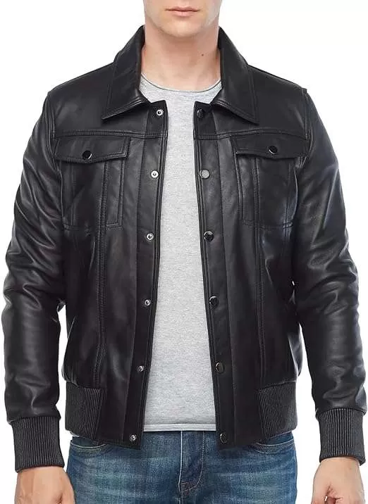 USTRADEENT Men's 100% Lambskin Lightweight Classic Shirt Collar Style Bomber Leather Jacket