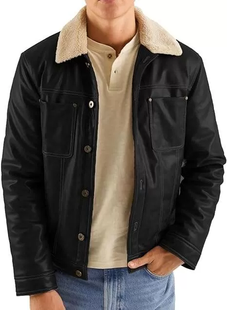 USTRADEENT Men's 100% Lambskin Leather Lightweight Fur Collar Classic Style Jacket