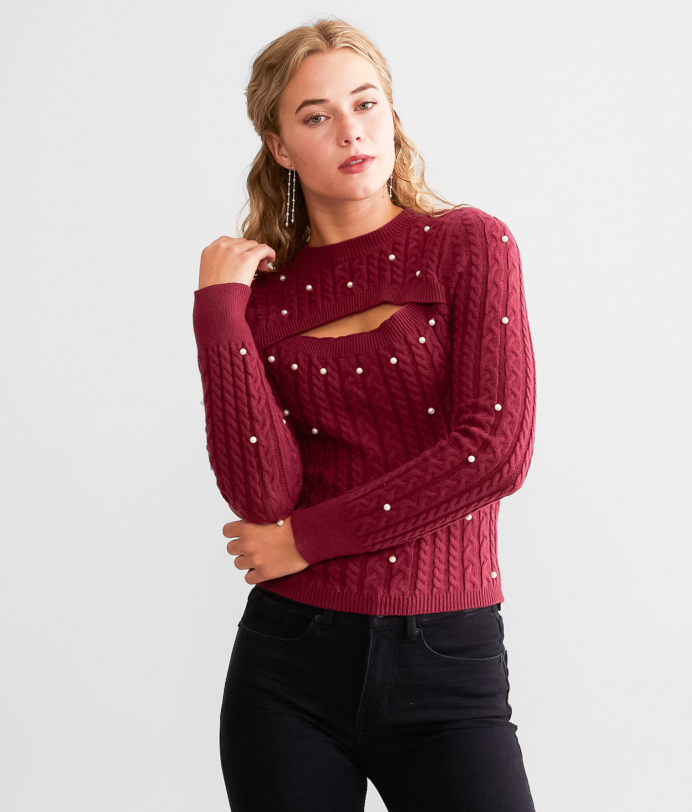 red by BKE Cut-Out Faux Pearl Sweater - Women's Sweaters in Cordovan