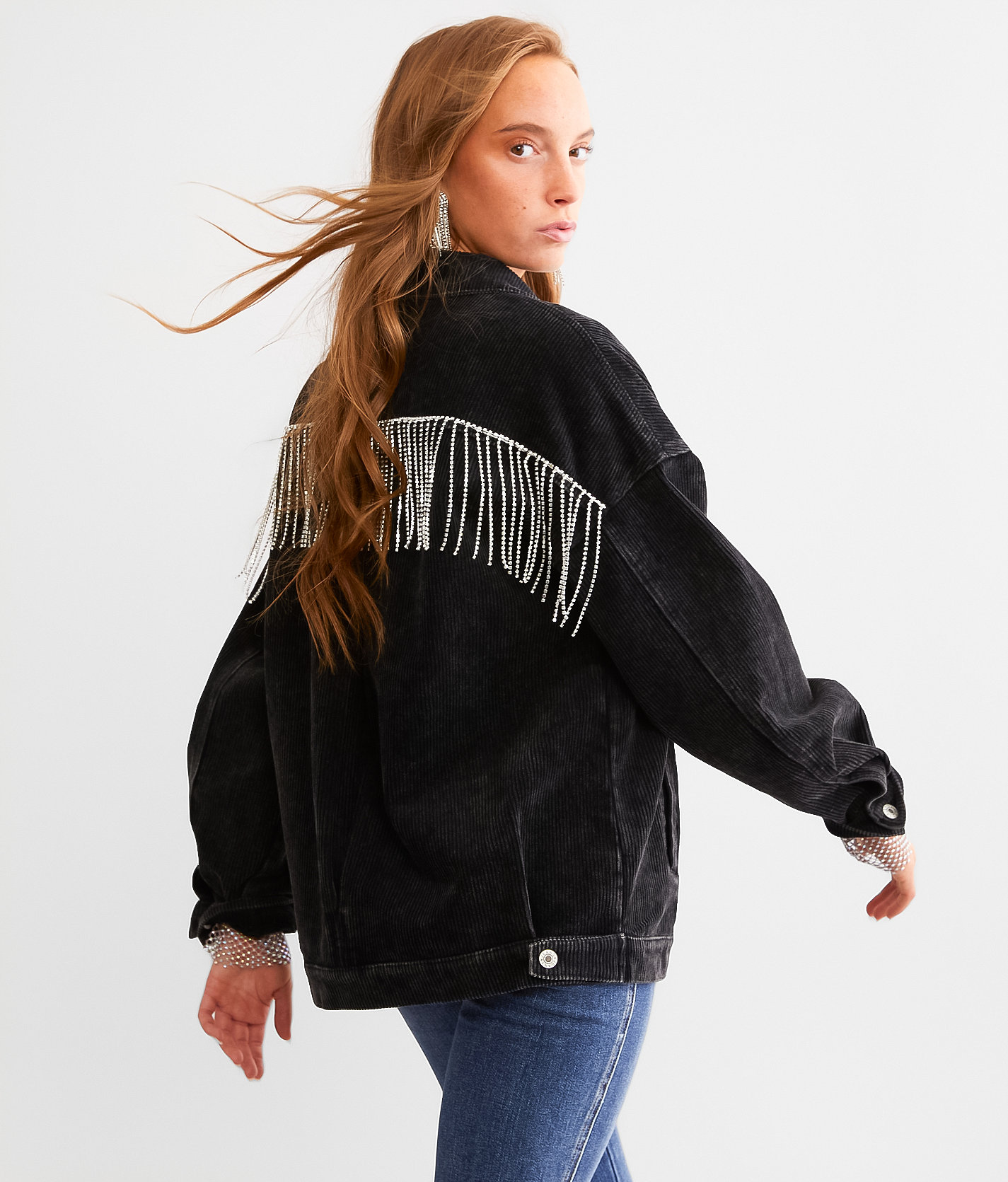 Blue B Rhinestone Fringe Corduroy Jacket - Women's Coats & Jackets in Washed Black