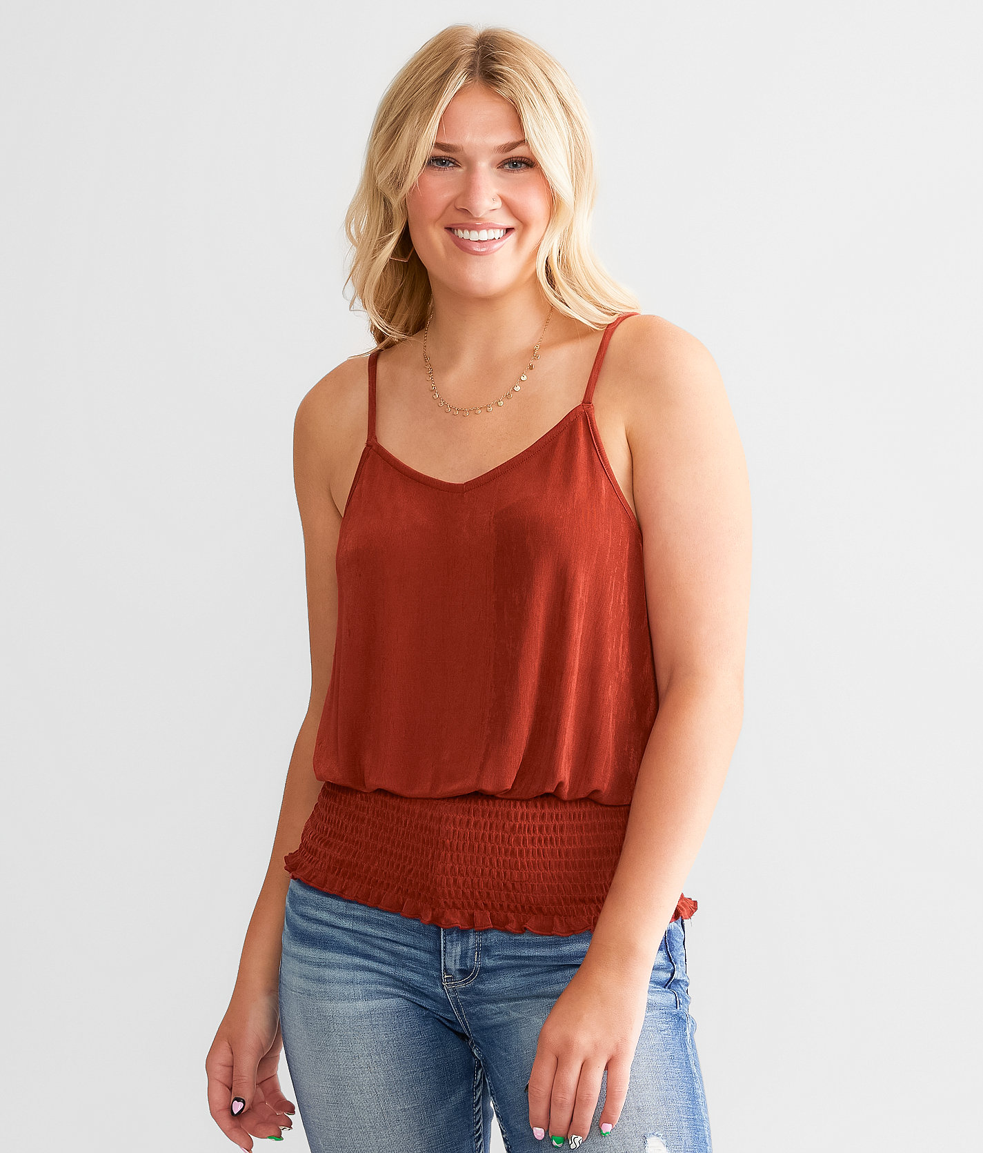 Daytrip Smocked Sheen Tank Top - Women's Tank Tops in Rosewood