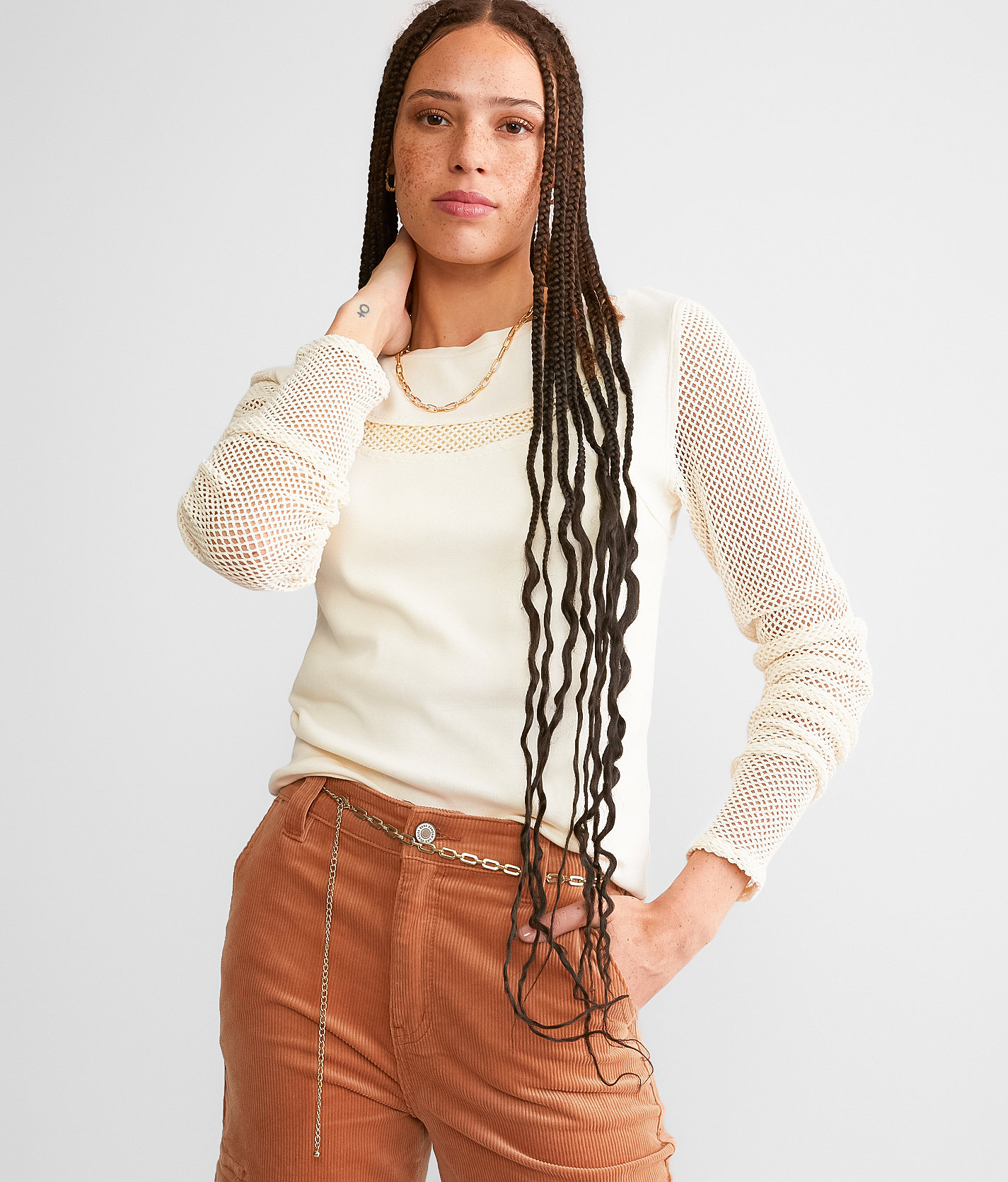 Gilded Intent Raw Edge Netted Top - Women's Shirts & Blouses in Gardenia