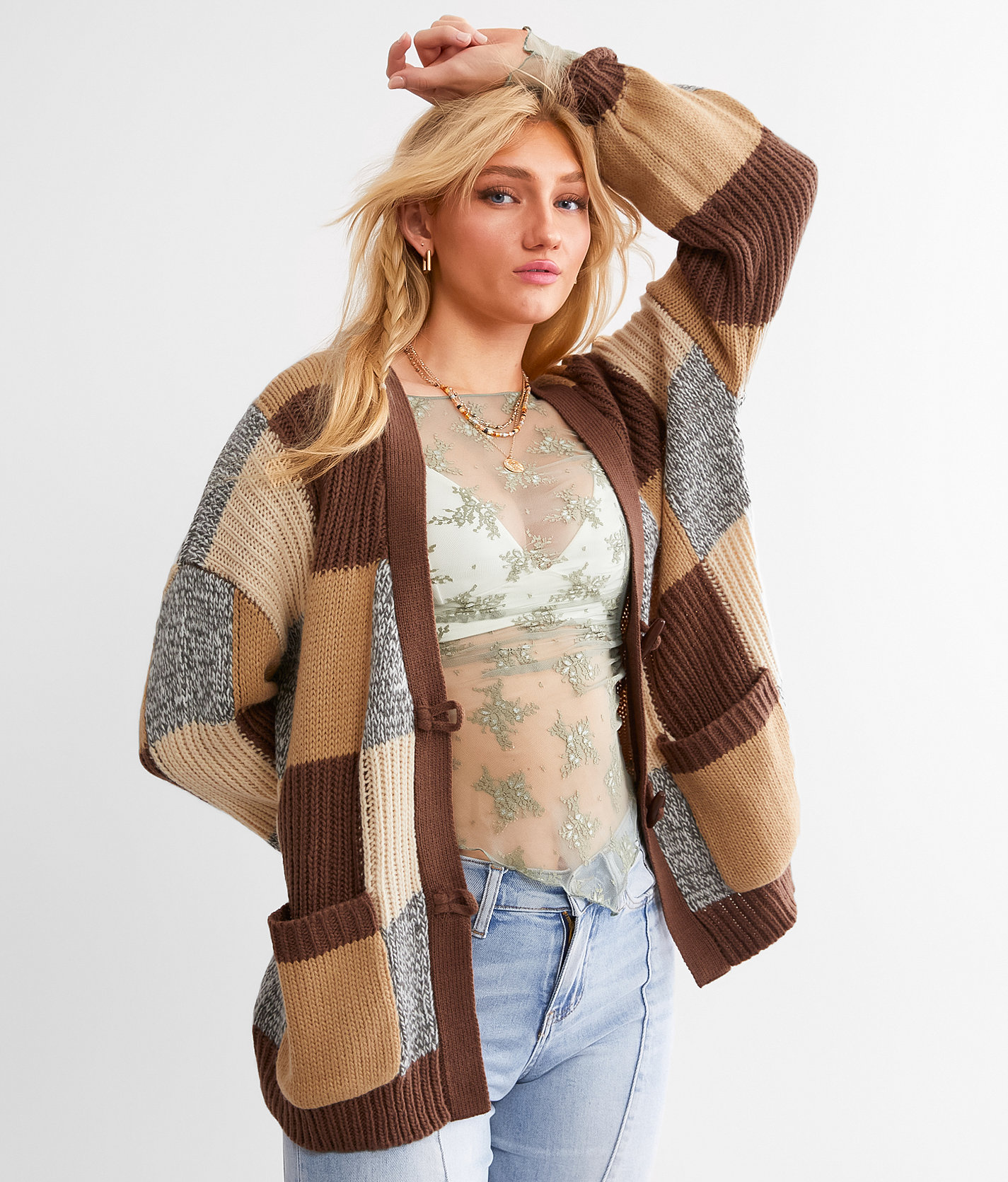 BKE Checkered Cardigan Sweater - Women's Sweaters in Multi