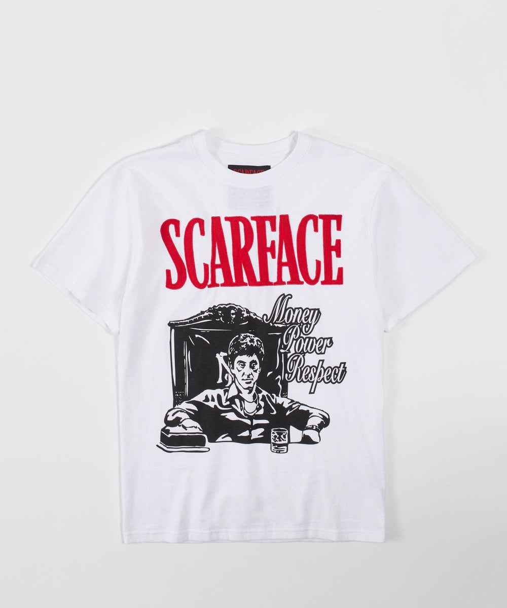 Scarface Money Power Respect Applique Short Sleeve Tee - White