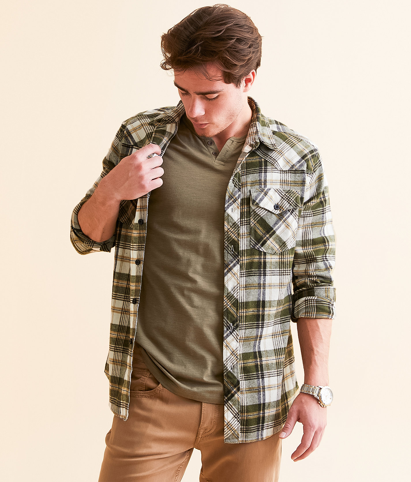 Reclaim Brushed Plaid Standard Shirt - Men's Shirts in White Olive