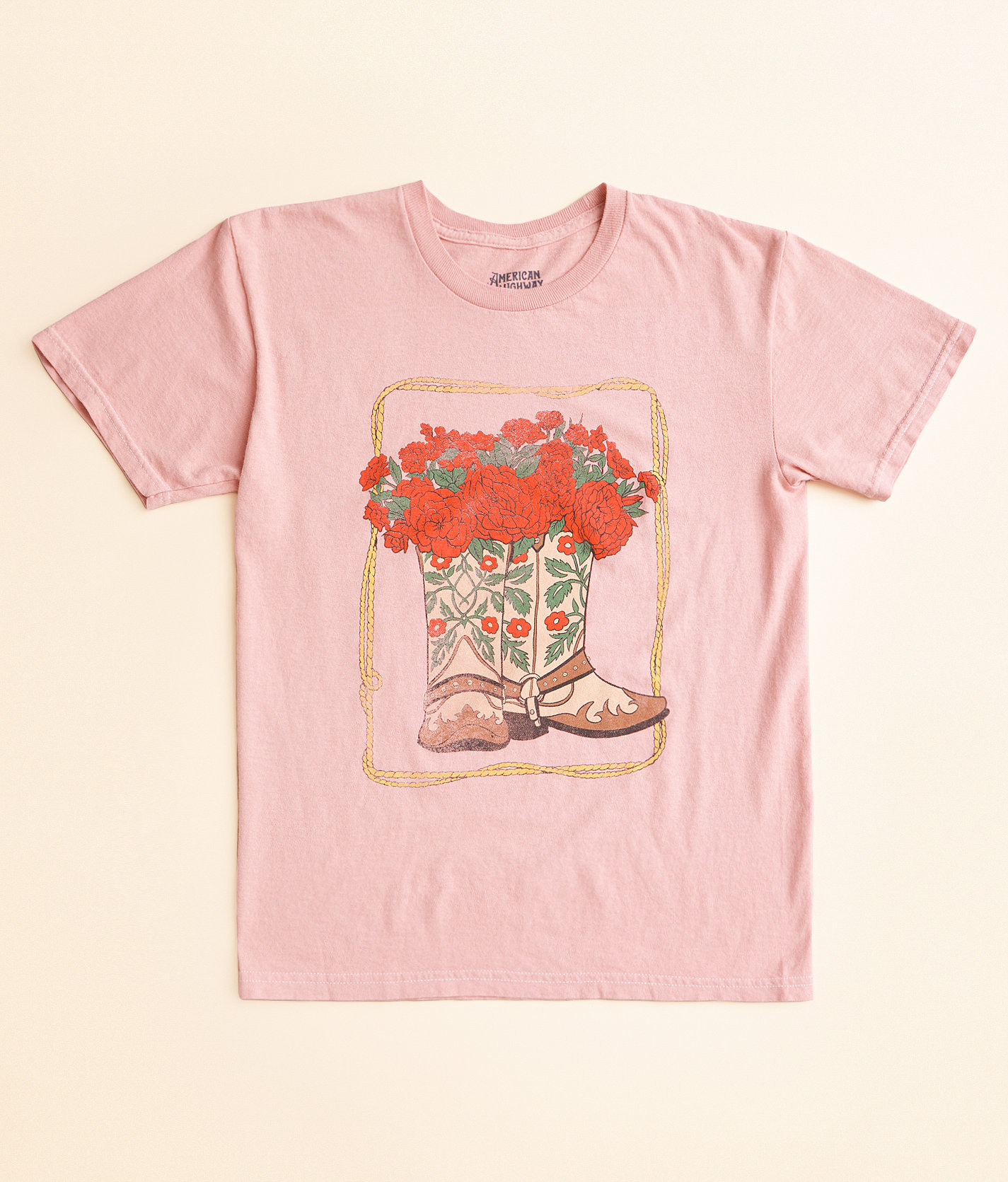 Girls - American Highway Boot & Roses Oversized T-Shirt - Girl's T-Shirts in Rose Tan