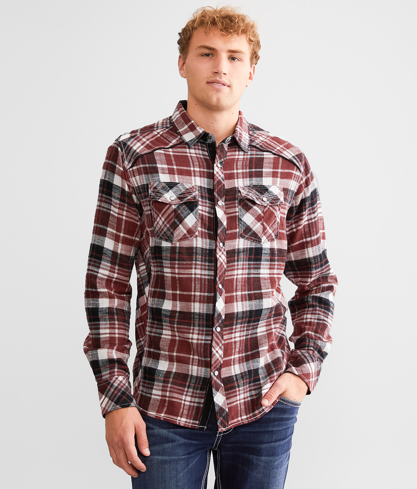 BKE Plaid Standard Shirt - Men's Shirts in White Muted Red