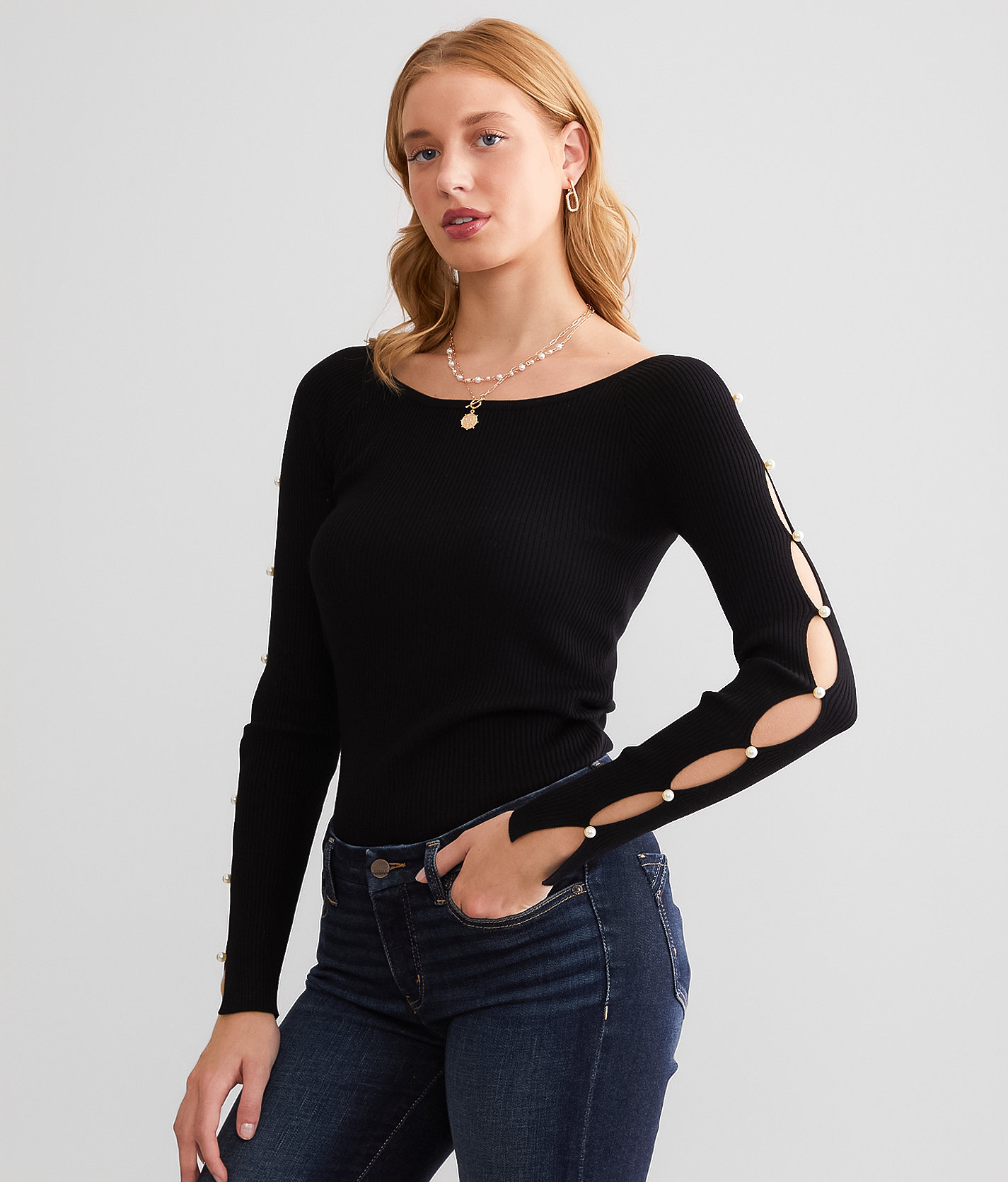 red by BKE Cut-Out Faux Pearl Top - Women's Shirts & Blouses in Black