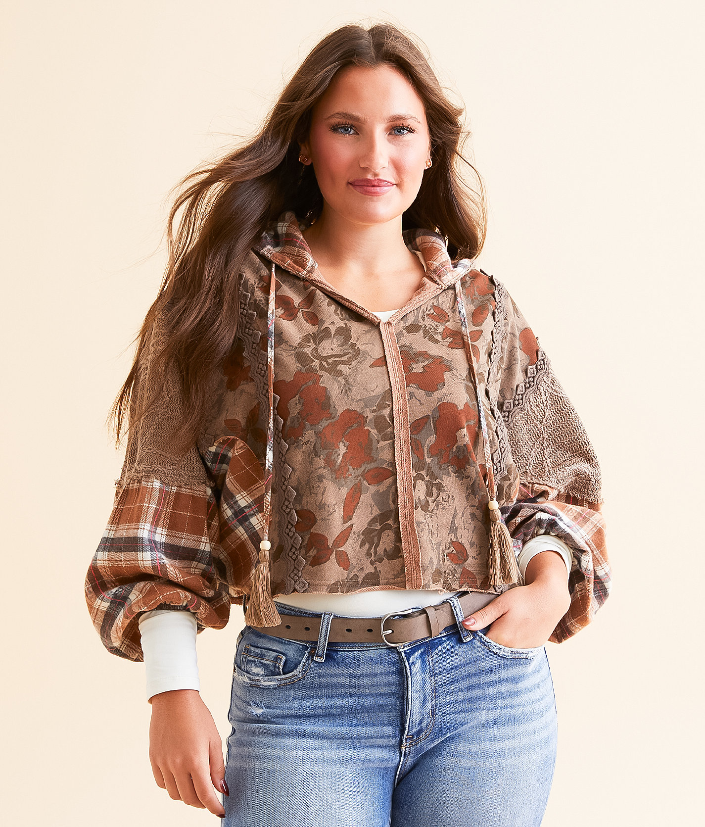 Miss Me Patchwork Cropped Hoodie - Women's Sweatshirts in Multi Brown