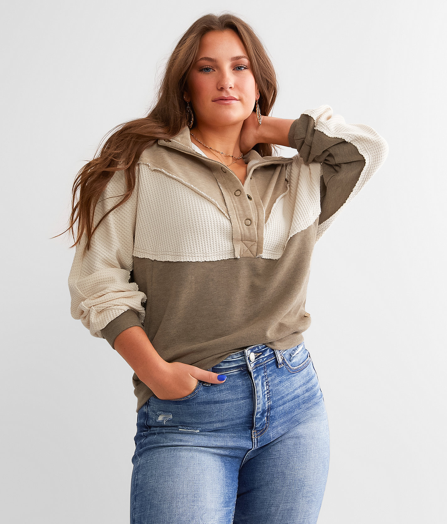 BKE Pieced Henley Pullover - Women's Sweatshirts in Tan Cream Brown