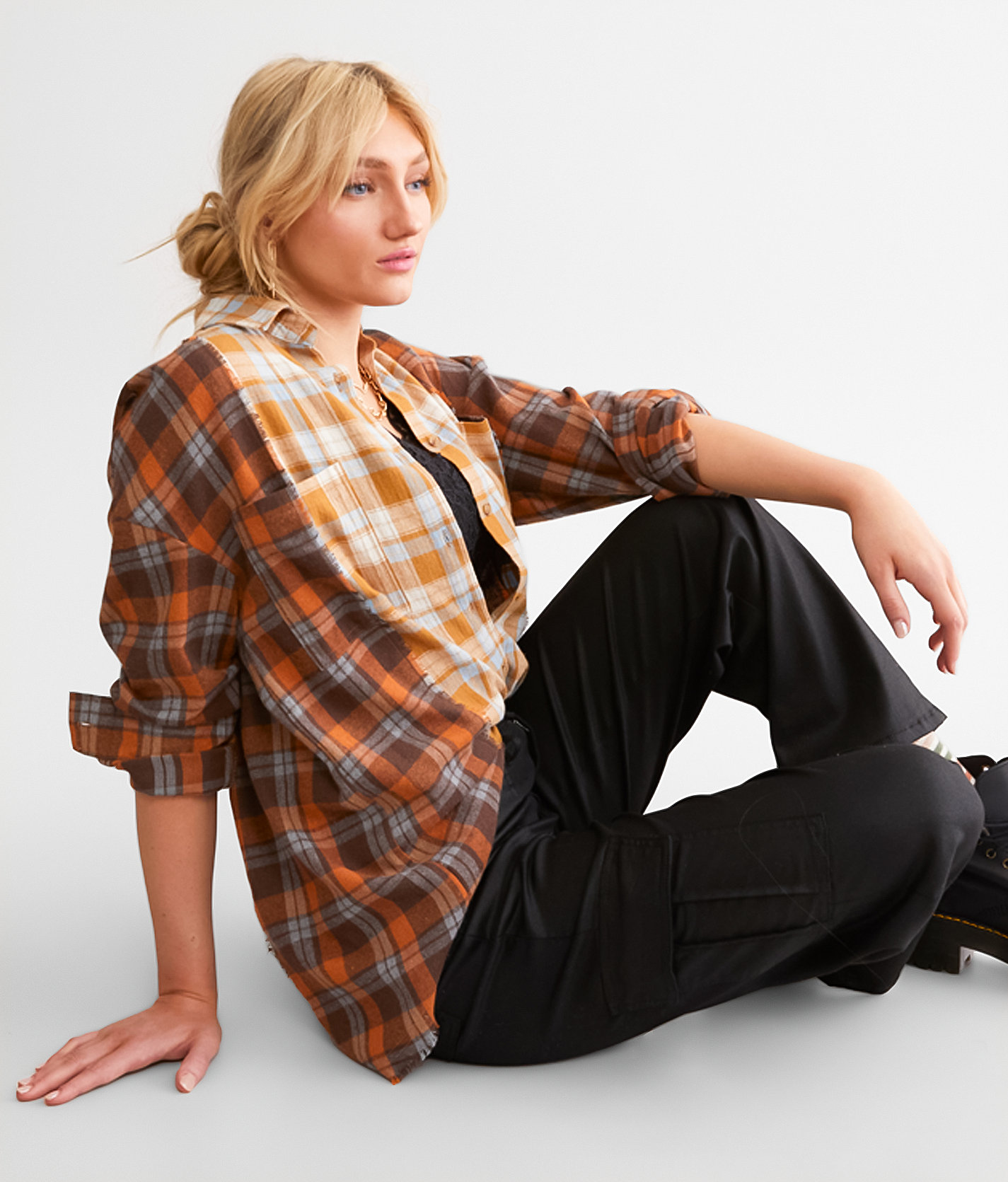 BKE Mixed Flannel Boyfriend Shirt - Women's Shirts & Blouses in Brown Blue