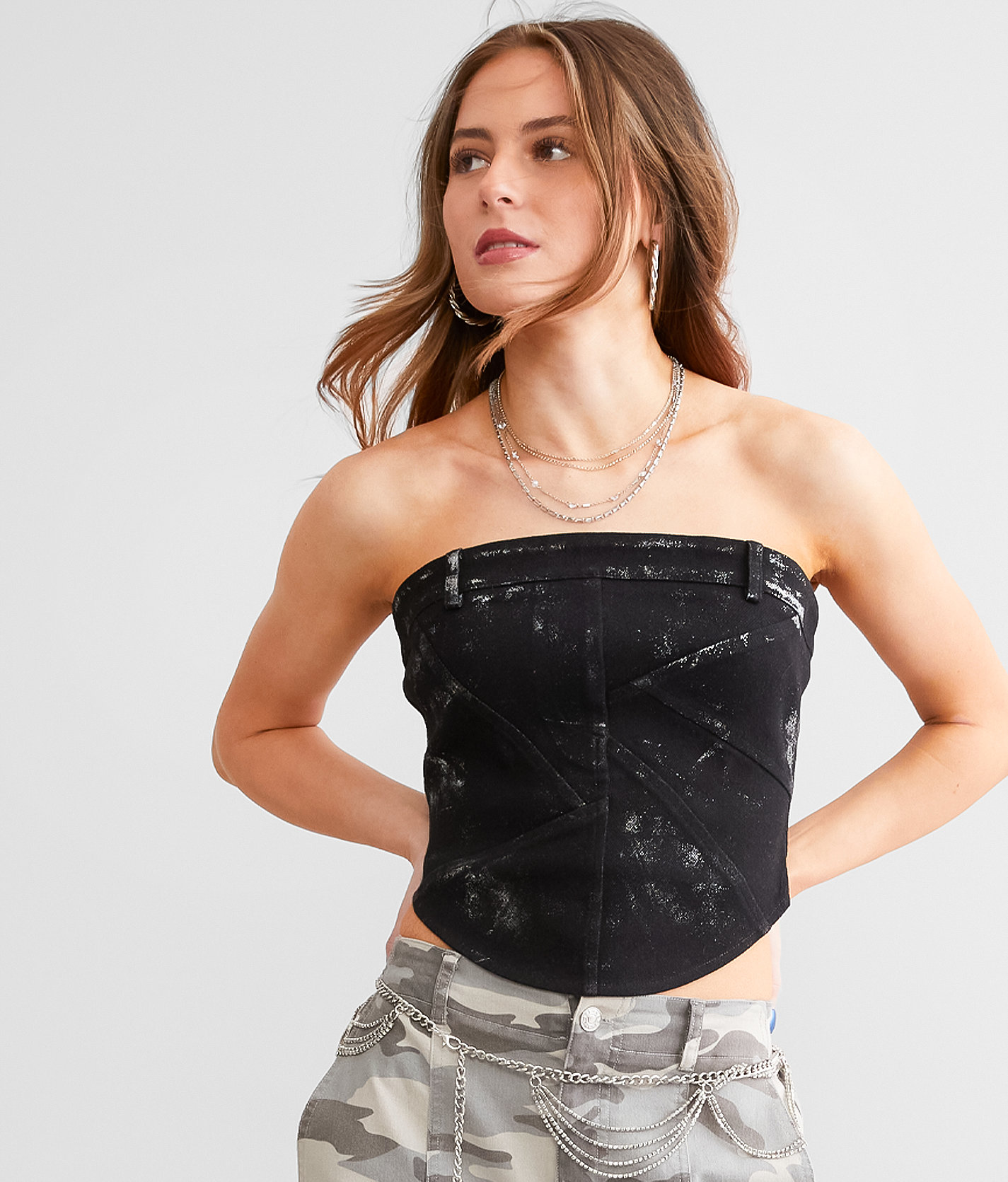 Gilded Intent Metallic Denim Cropped Tube Top - Women's Shirts & Blouses in Silver