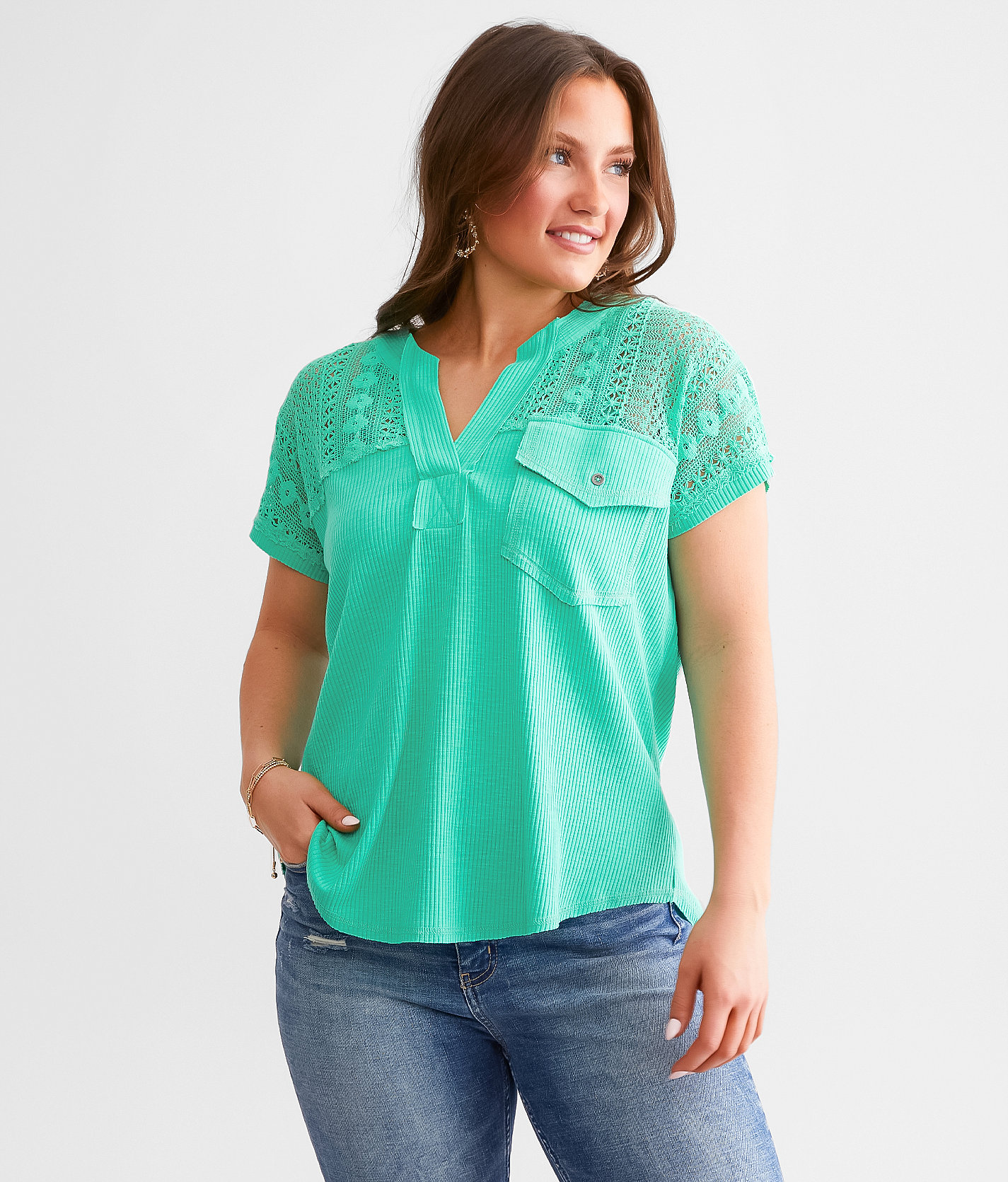 Daytrip Pieced Crochet Top - Women's Shirts & Blouses in Spearmint