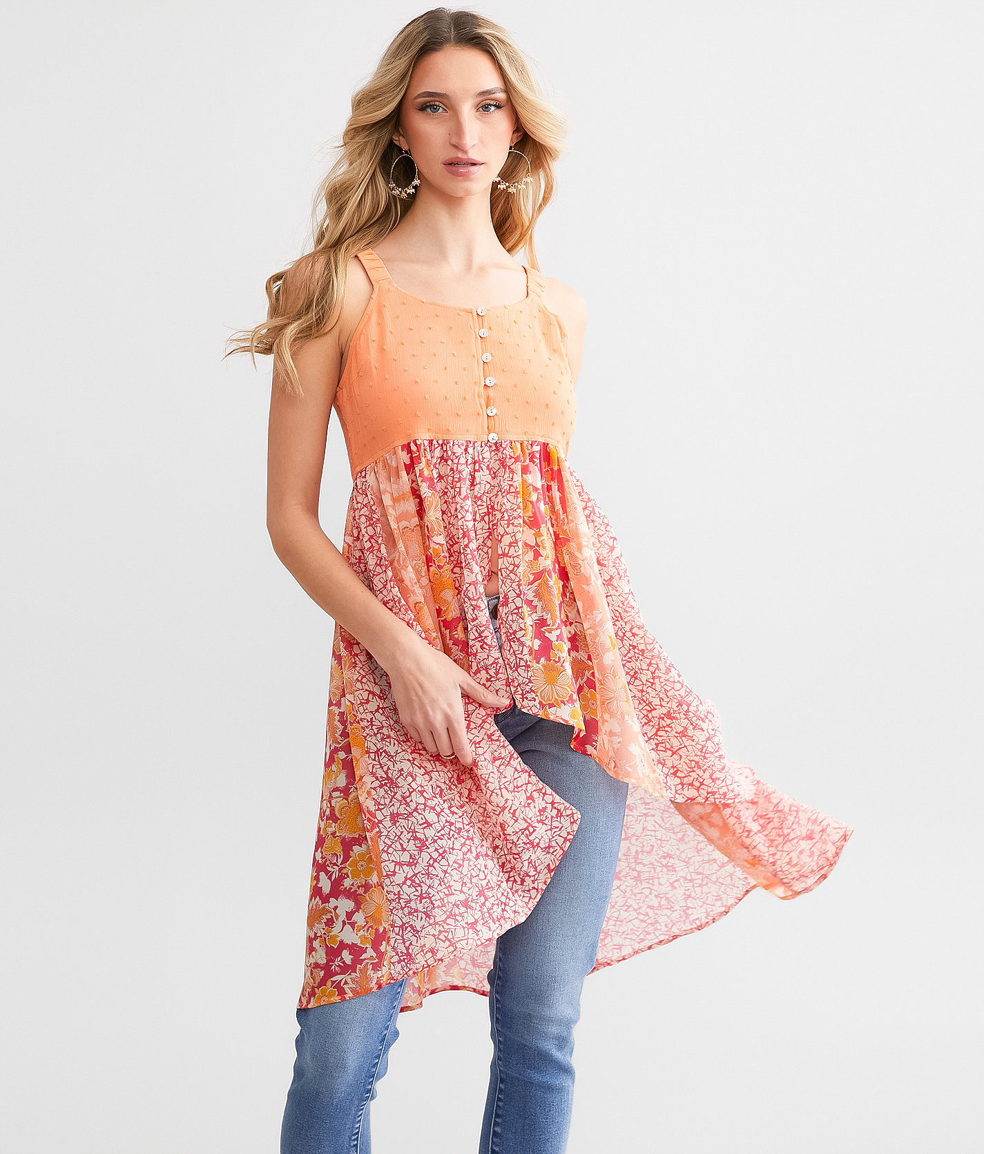 Miss Me Nubby Floral Chiffon Tunic Tank Top - Women's Tank Tops in Coral Multi